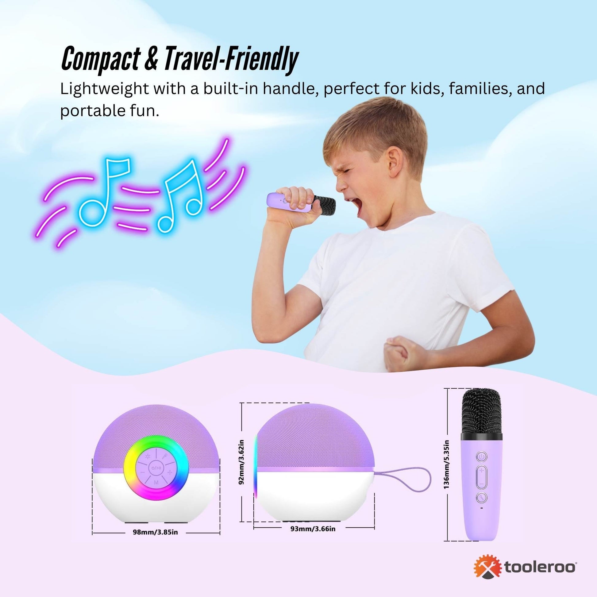 Mini Karaoke Machine - 2x Wireless Microphones Portable Bluetooth Speaker Purple-3