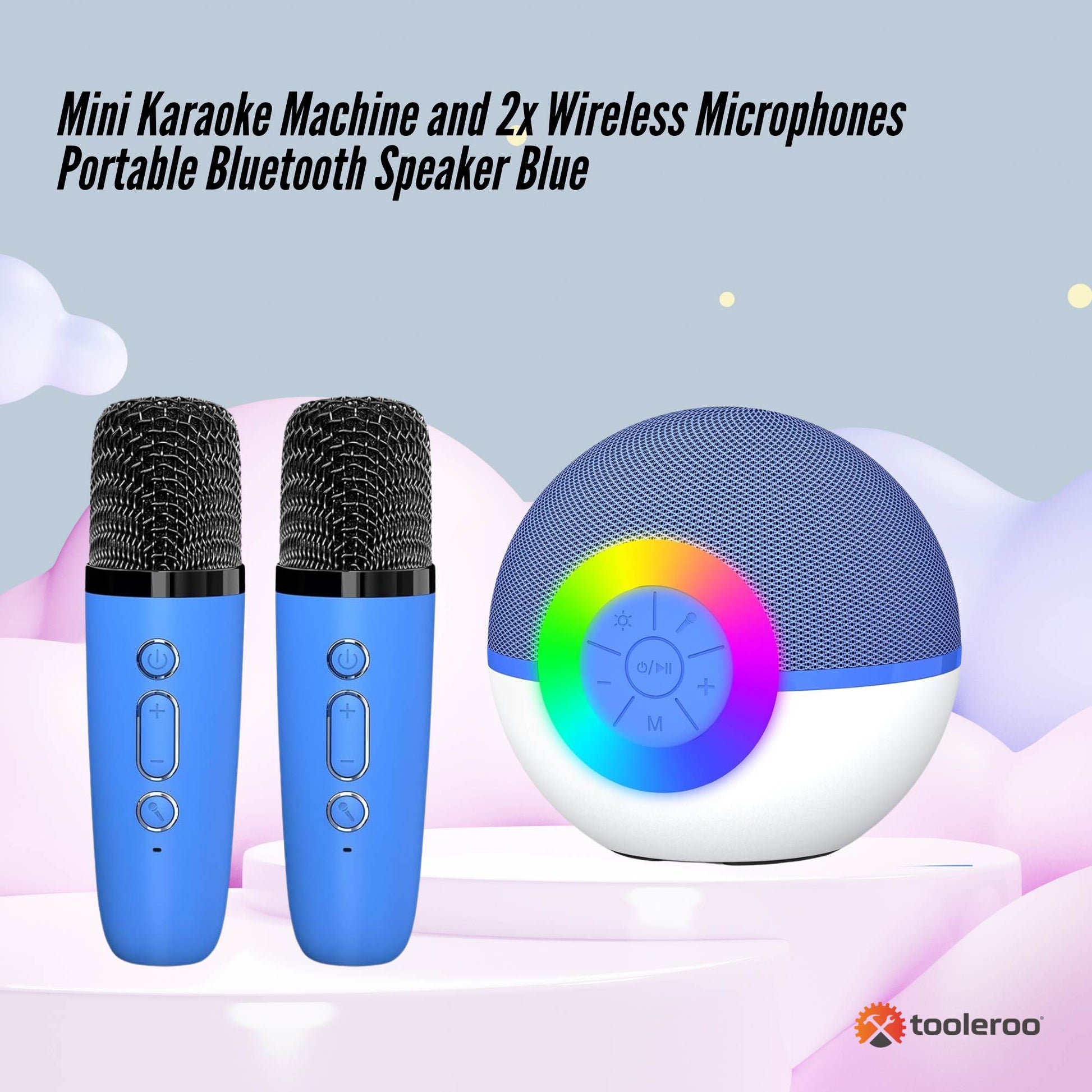 Mini Karaoke Machine and 2x Wireless Microphones Portable Bluetooth Speaker Blue-1