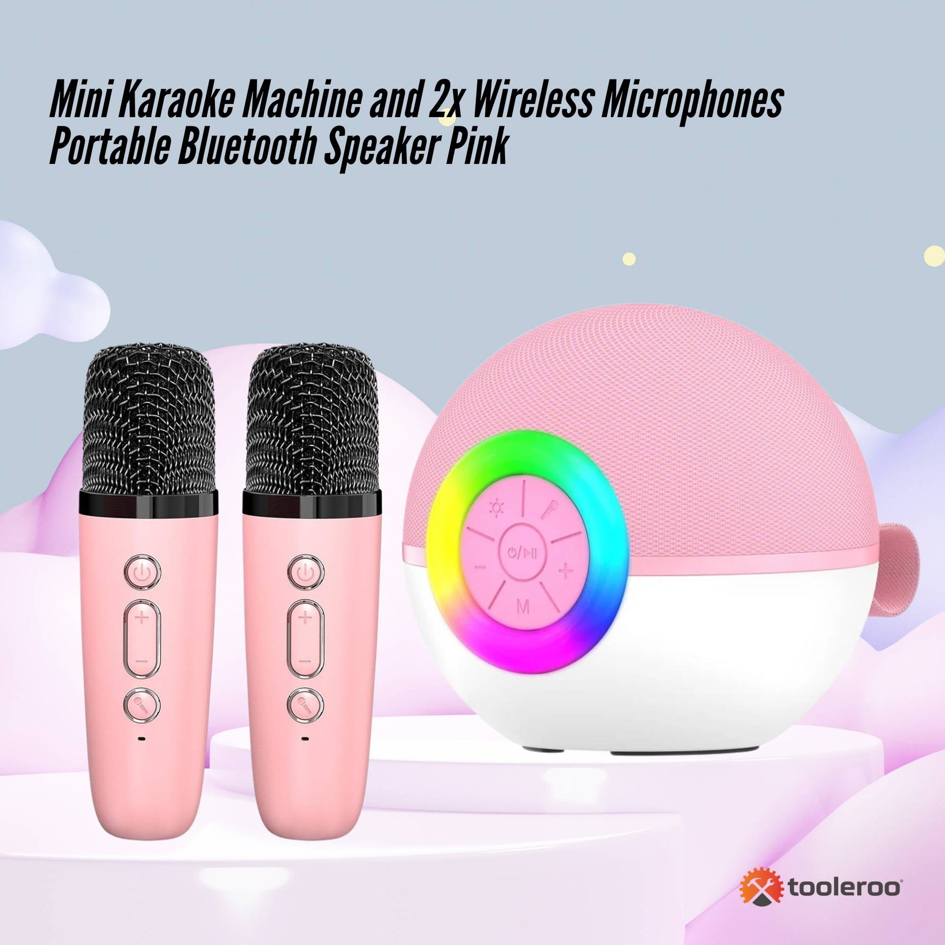 Mini Karaoke Machine and 2x Wireless Microphones Portable Bluetooth Speaker Pink-1