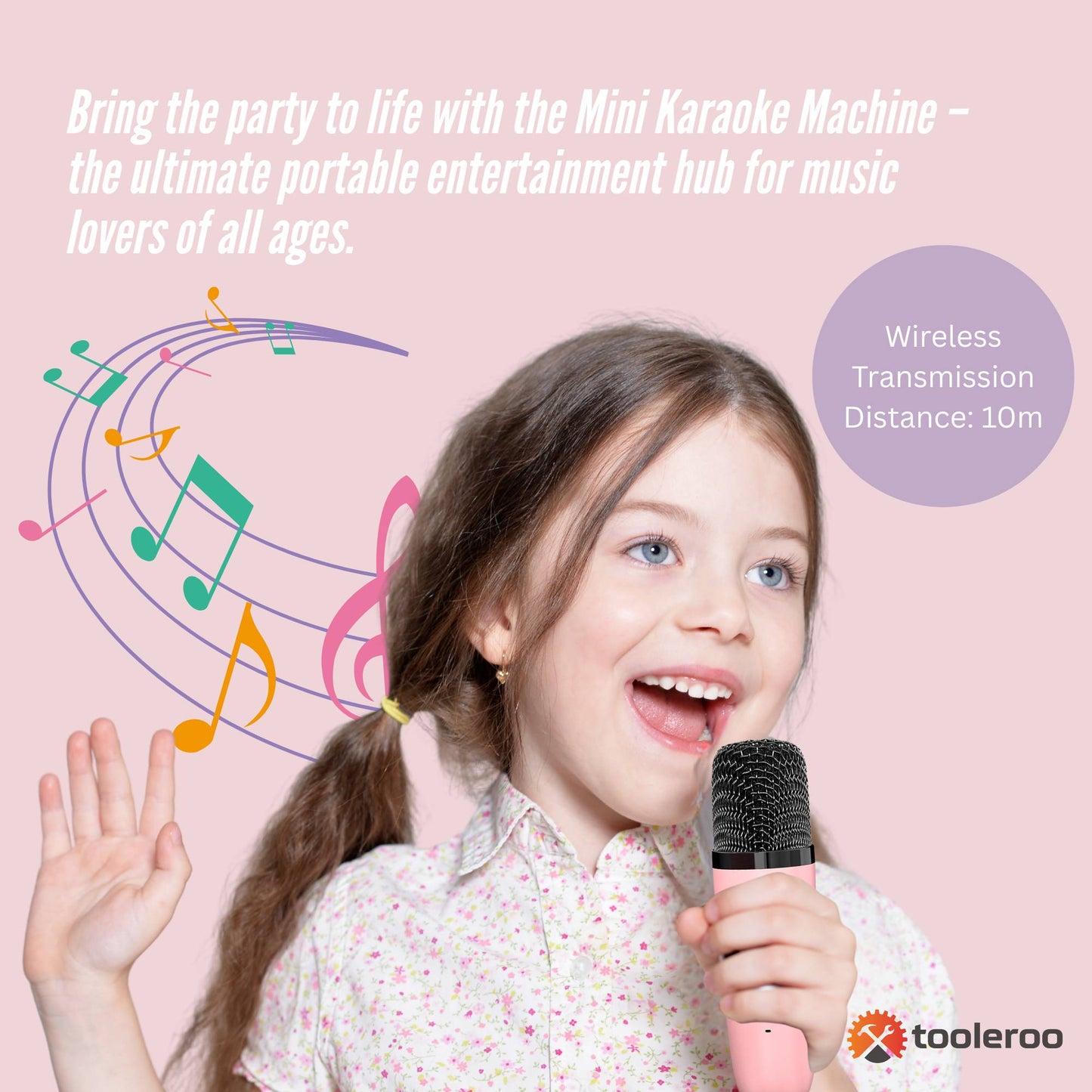 Mini Karaoke Machine and 2x Wireless Microphones Portable Bluetooth Speaker Pink-2