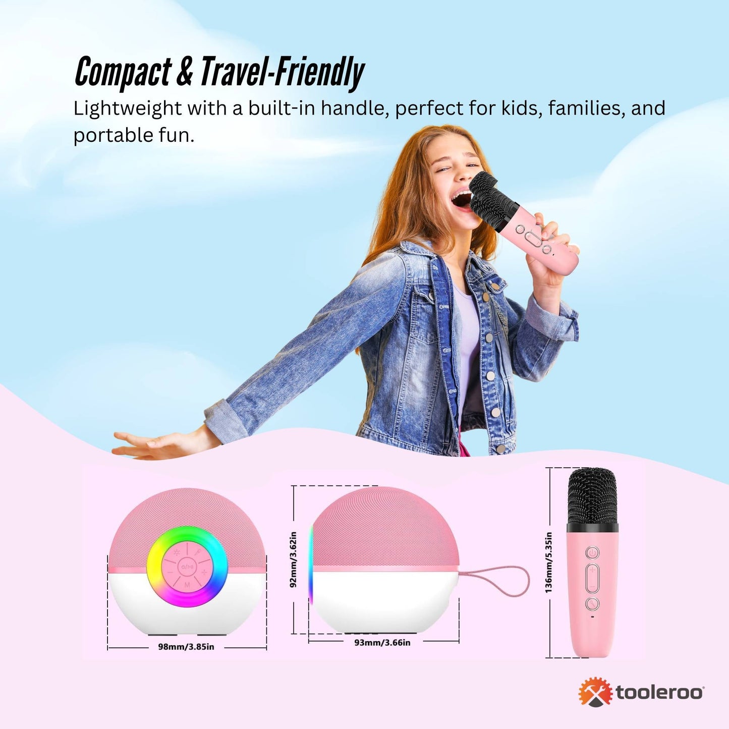 Mini Karaoke Machine and 2x Wireless Microphones Portable Bluetooth Speaker Pink-3