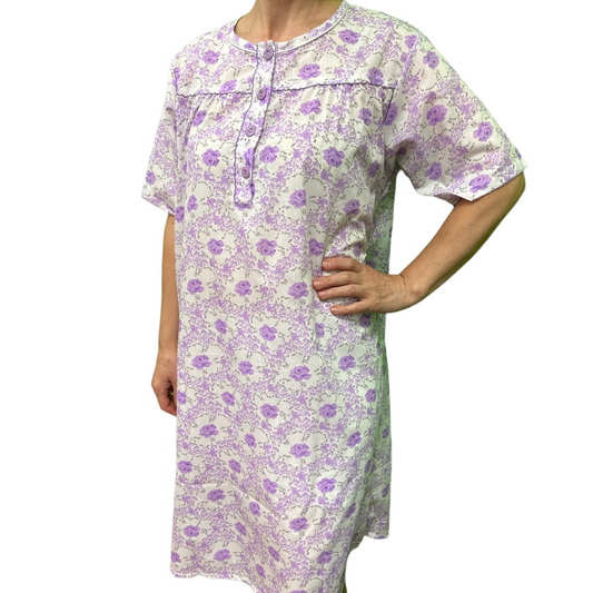 Womens 100% Cotton Short Sleeve Nightie Gown Night Sleepwear Pyjamas PJ Pajamas - Lilac-0