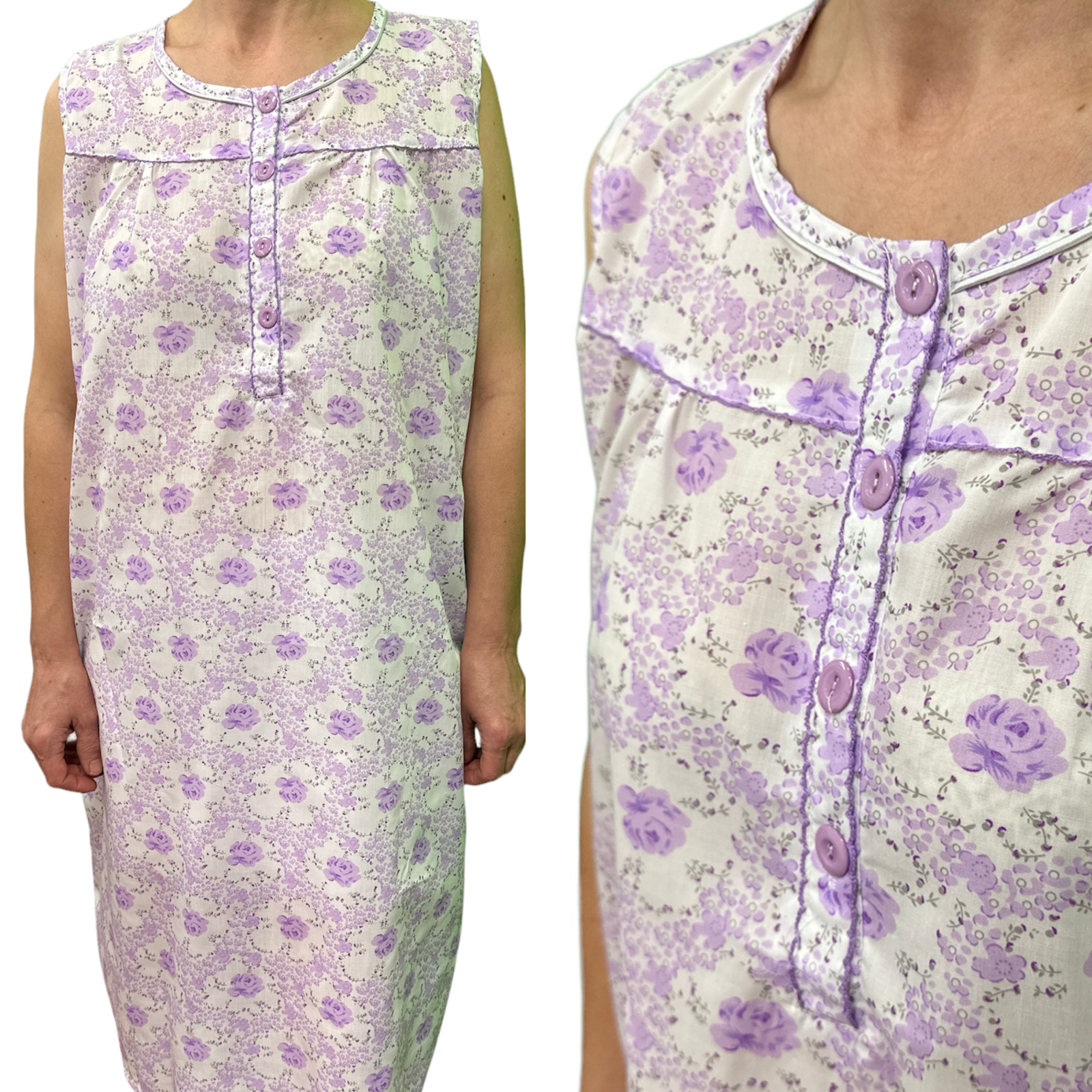 Womens 100% Cotton Sleeveless Nightie Gown Night Dress Pyjamas PJ Pajamas Sleep - Lilac-9
