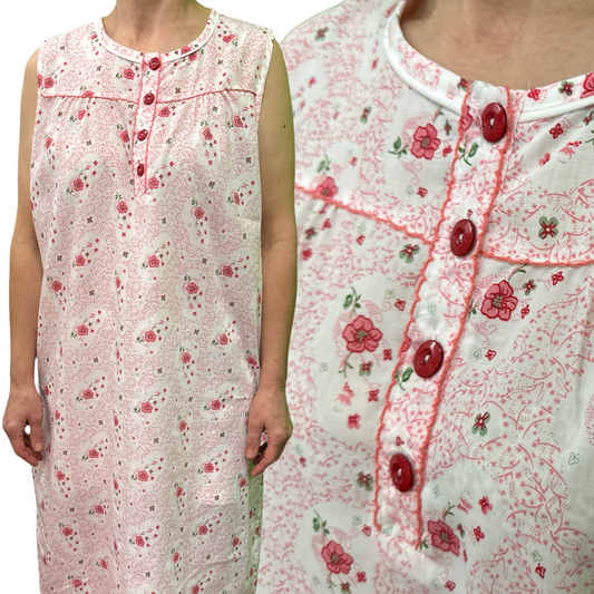 Womens 100% Cotton Sleeveless Nightie Gown Night Dress Pyjamas PJ Pajamas Sleep - Pink-0