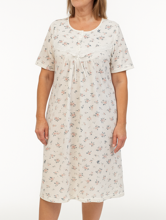 Womens Ladies Plus Size Big & Tall Cotton Nightie Night Gown Slip PJs Sleepwear Dress - White/Pink-0