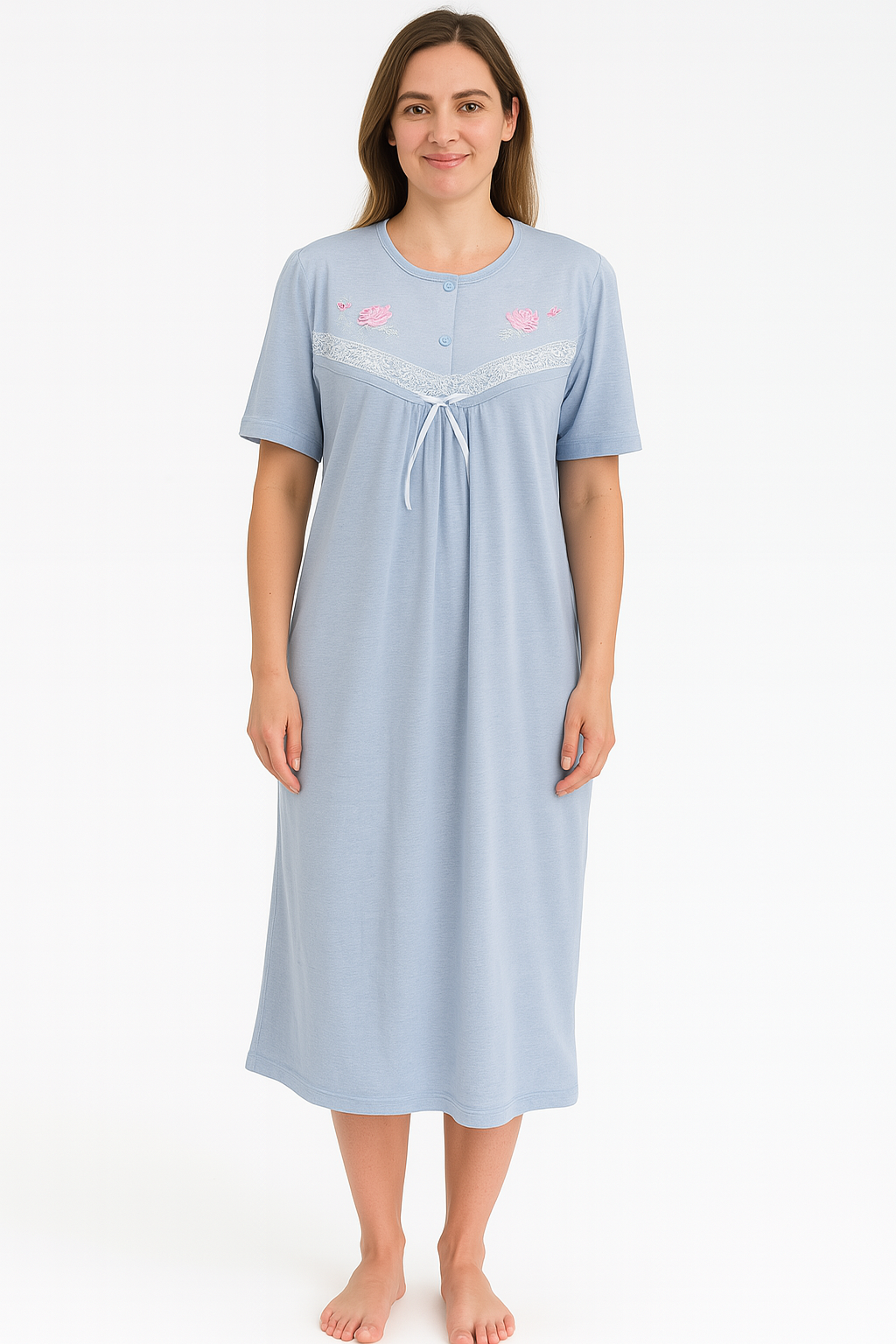 Womens Ladies Cotton Blend Nightie Night Gown Pajamas Pyjamas Sleepwear PJ in Blue-0