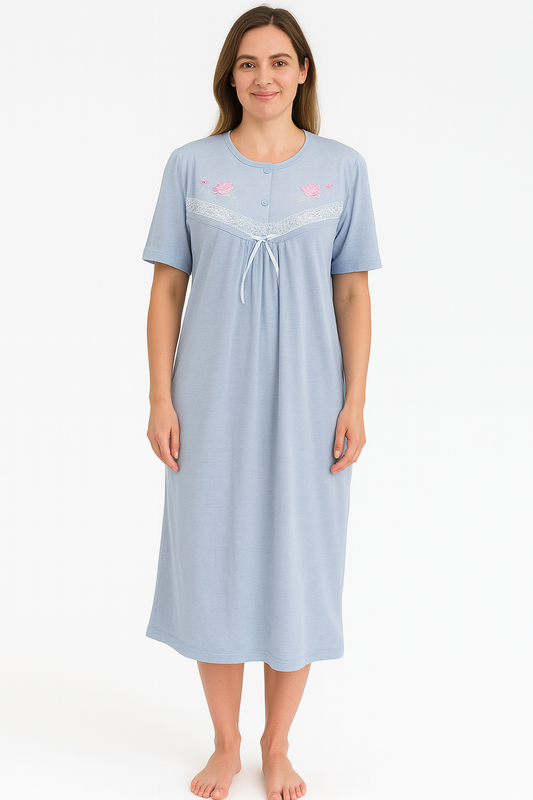 Womens Ladies Cotton Blend Nightie Night Gown Pajamas Pyjamas Sleepwear PJ in Blue-0