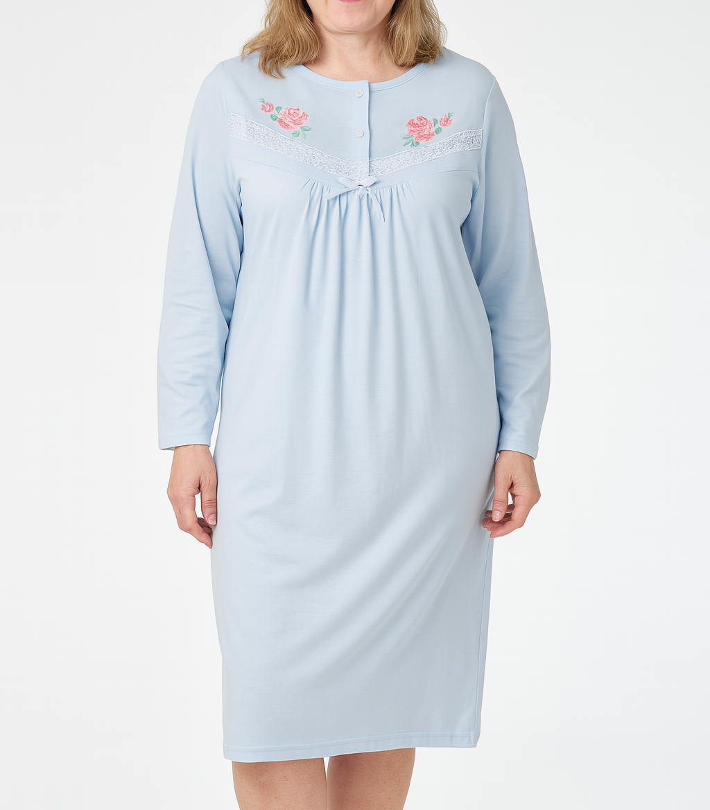 Womens Cotton Plus Size Long Sleeve Nightie - Blue (Big & Tall Ladies Pyjamas/Nightgown/PJs)-1