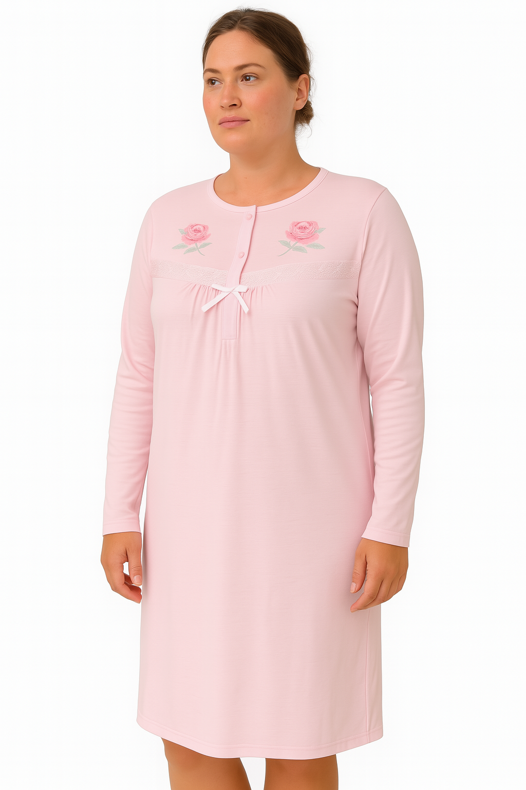 Womens Cotton Plus Size Long Sleeve Nightie - Pink (Big & Tall Ladies Pyjamas/Nightgown/PJs)-1