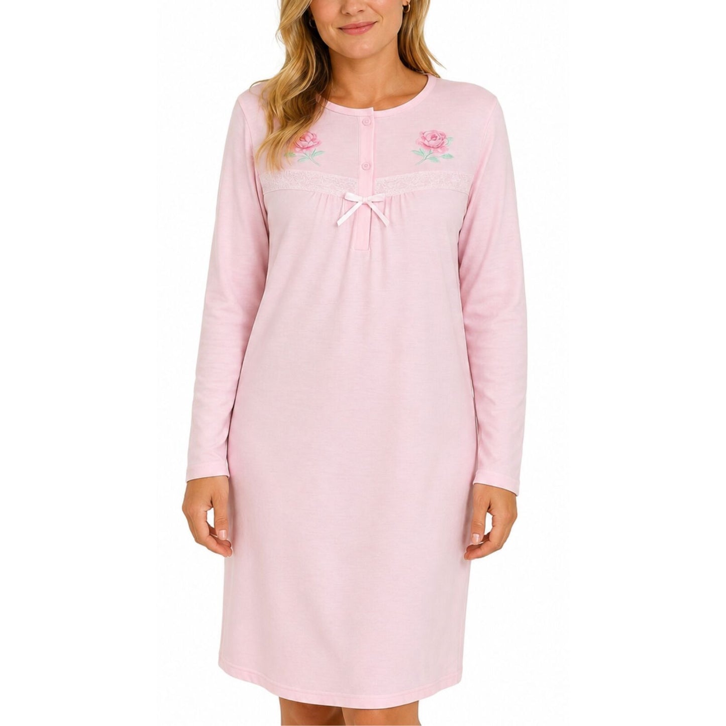 Womens Cotton Long Sleeve Nightie - Pink (Ladies Pyjamas/Nightgown/PJs)-1