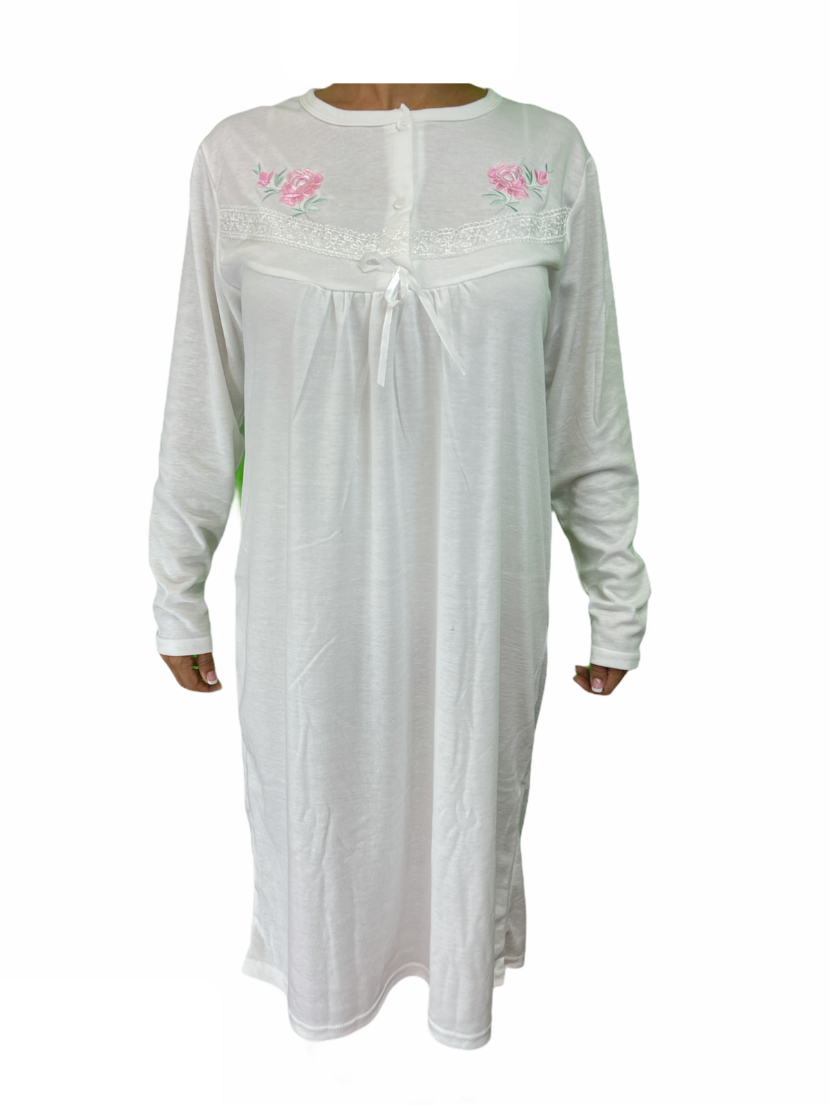 Womens Cotton Long Sleeve Nightie - White (Ladies Pyjamas/Nightgown/PJs)-5