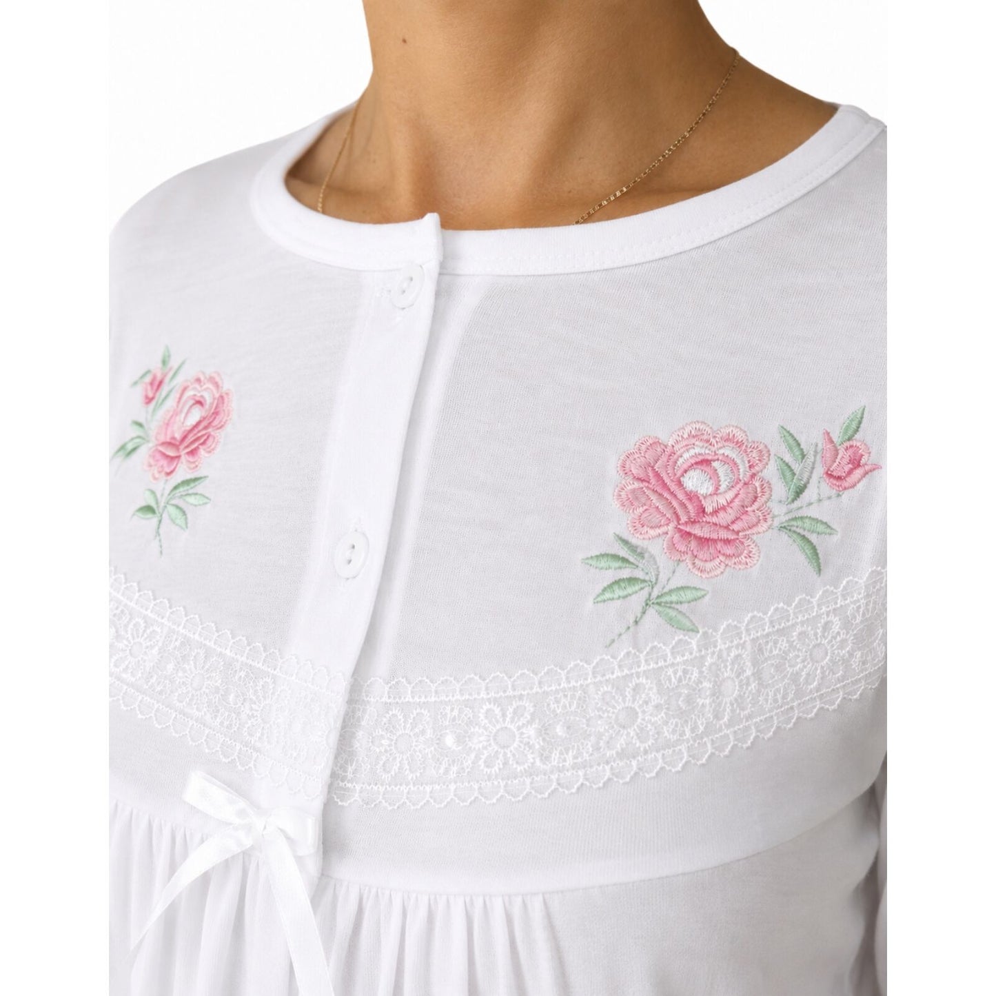 Womens Cotton Long Sleeve Nightie - White (Ladies Pyjamas/Nightgown/PJs)-3