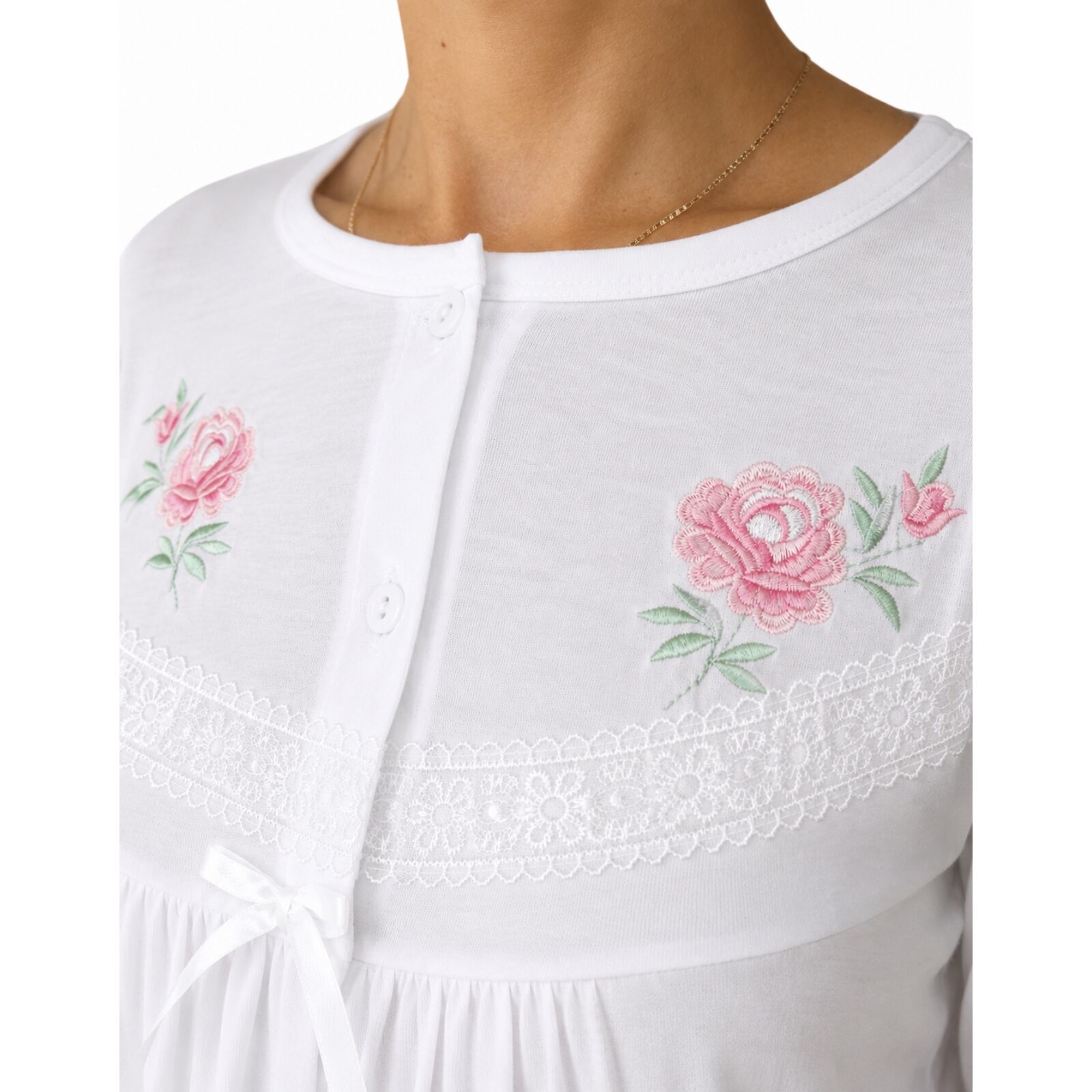 Womens Cotton Long Sleeve Nightie - White (Ladies Pyjamas/Nightgown/PJs)-3