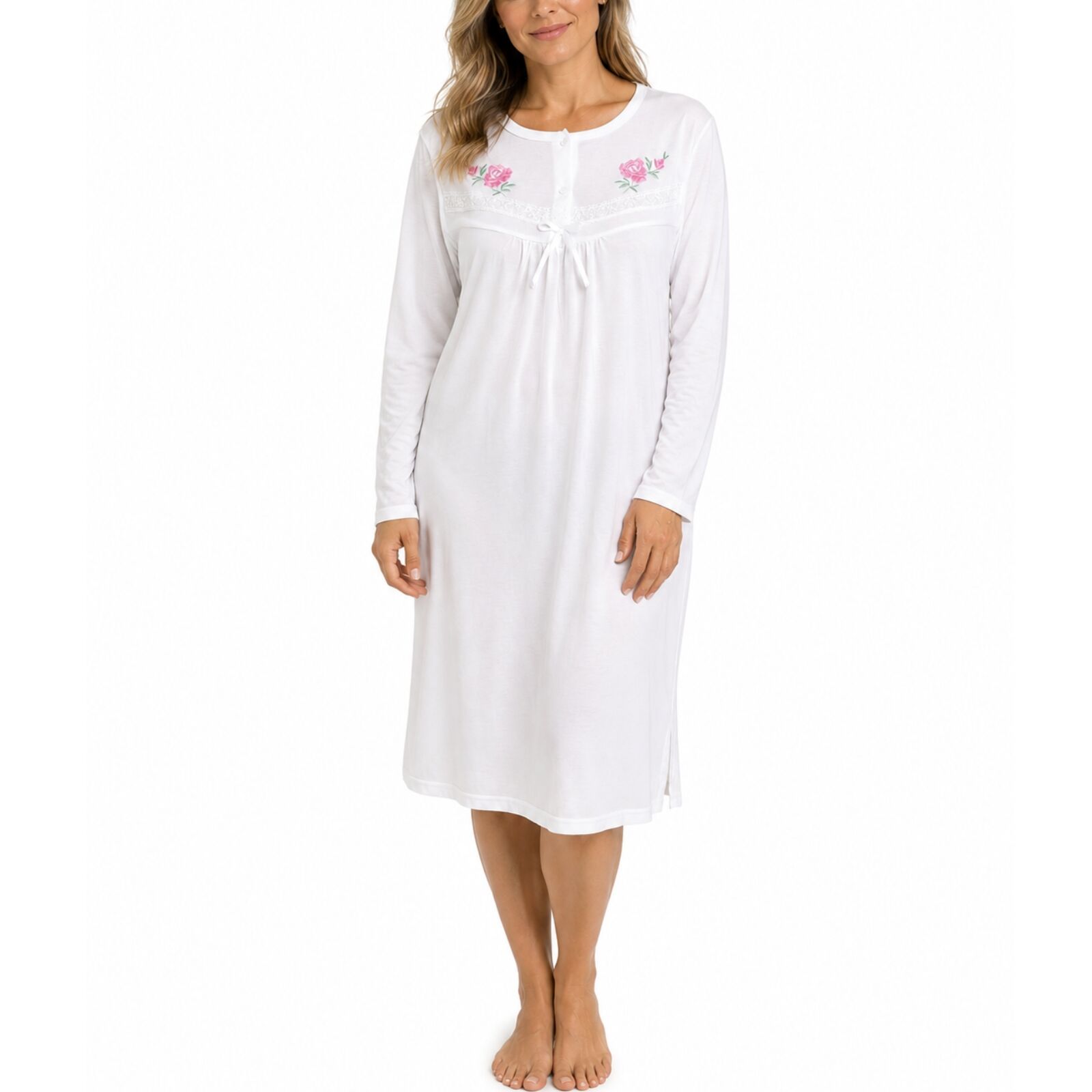 Womens Cotton Long Sleeve Nightie - White (Ladies Pyjamas/Nightgown/PJs)-1