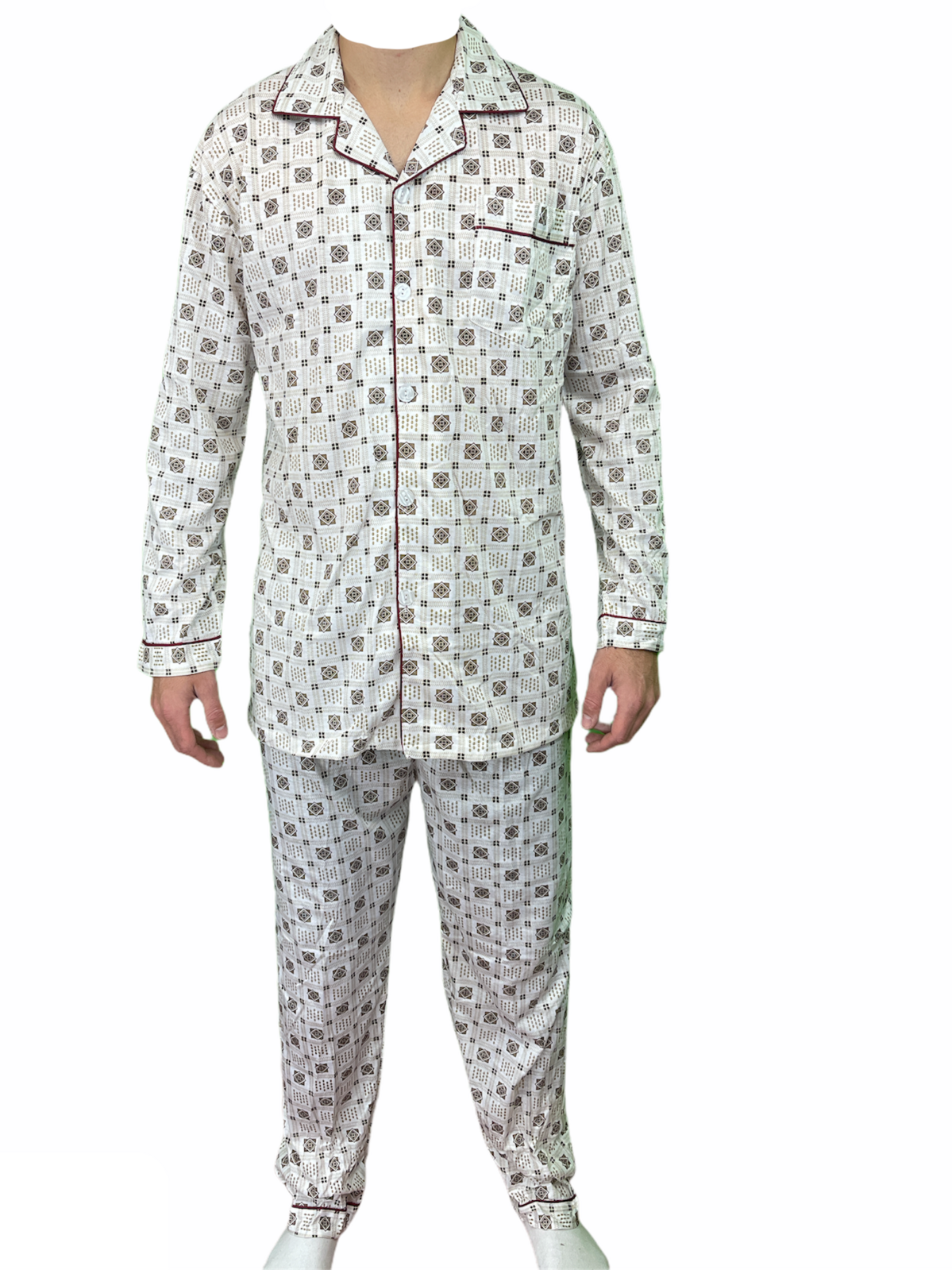 Mens Cotton Pajamas Pyjamas PJs Long Sleeve Shirt Tops + Pants Set Sleepwear-9