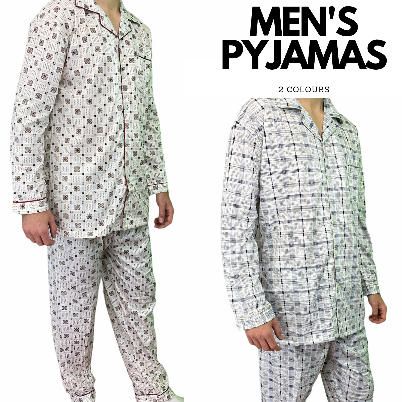 Mens Cotton Pajamas Pyjamas PJs Long Sleeve Shirt Tops + Pants Set Sleepwear-1
