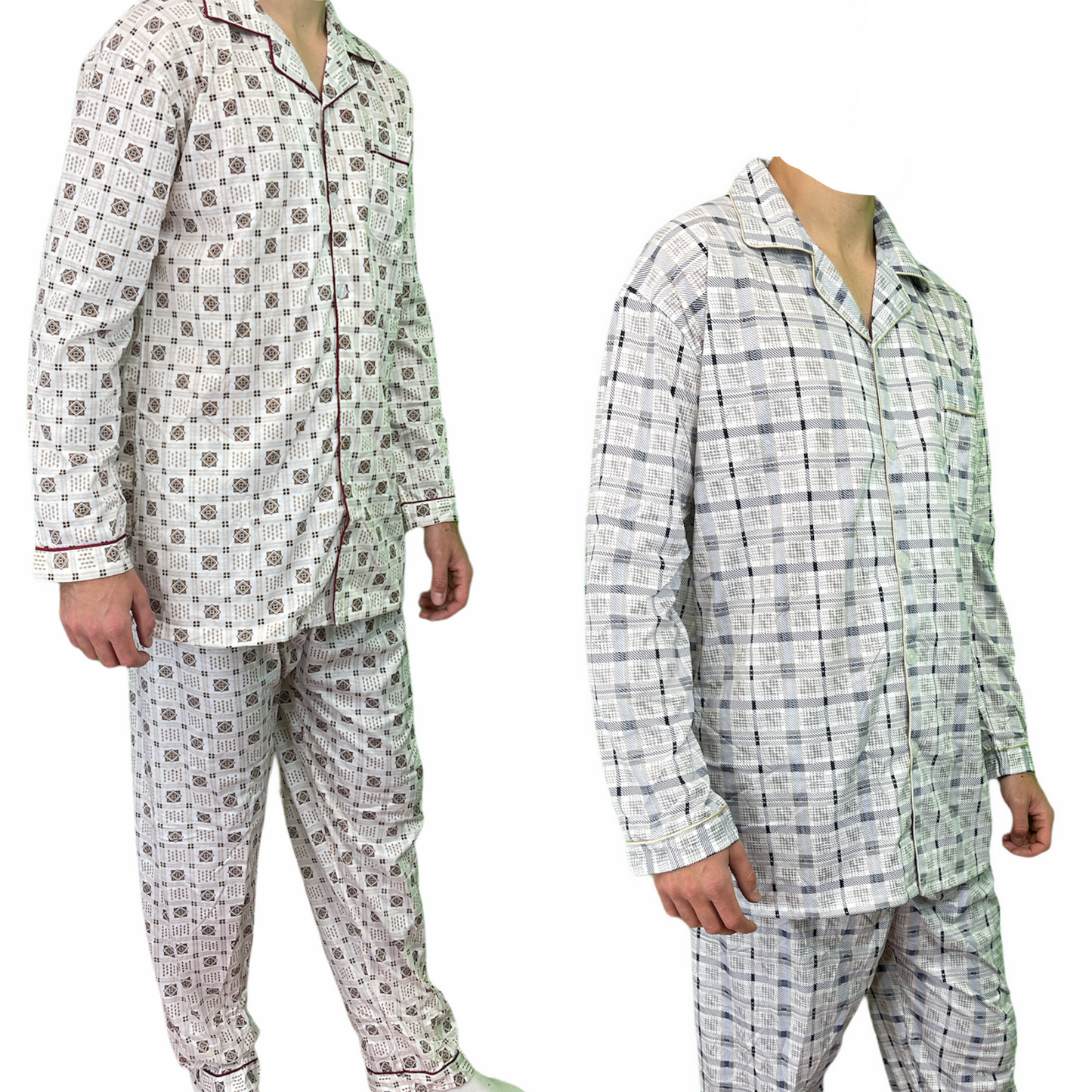 Mens Cotton Pajamas Pyjamas PJs Long Sleeve Shirt Tops + Pants Set Sleepwear-0