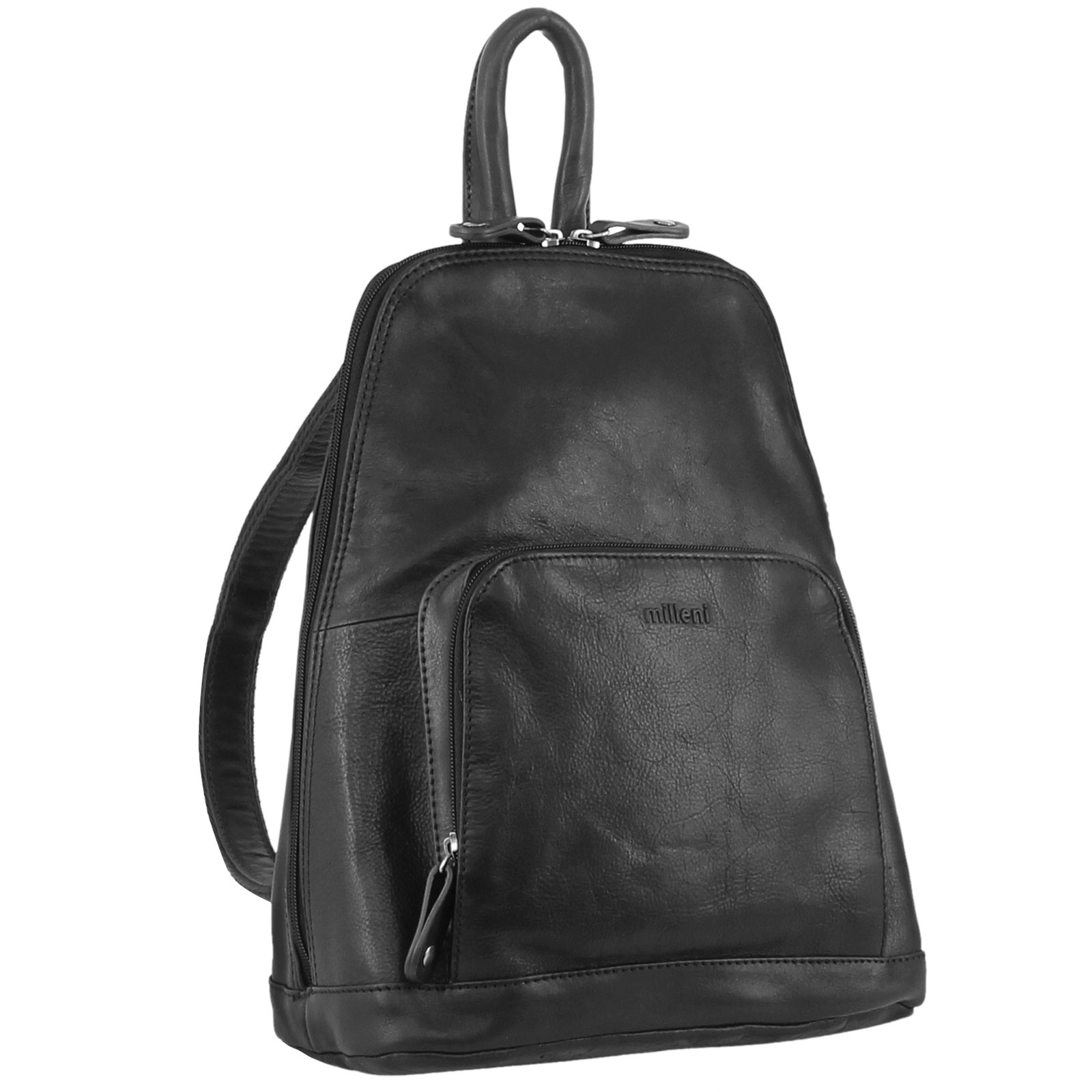 Milleni Womens Twin Zip Backpack Nappa Italian Leather Travel Bag - Black-1