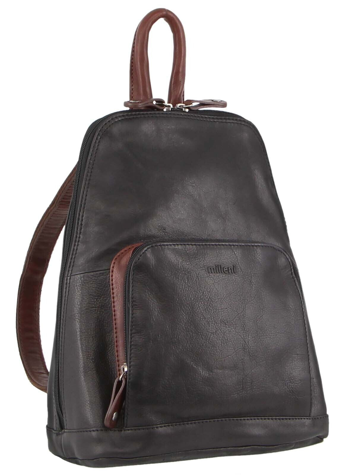 Milleni Womens Bag Italian Leather Soft Nappa Leather Backpack Travel - Black/Chestnut-0