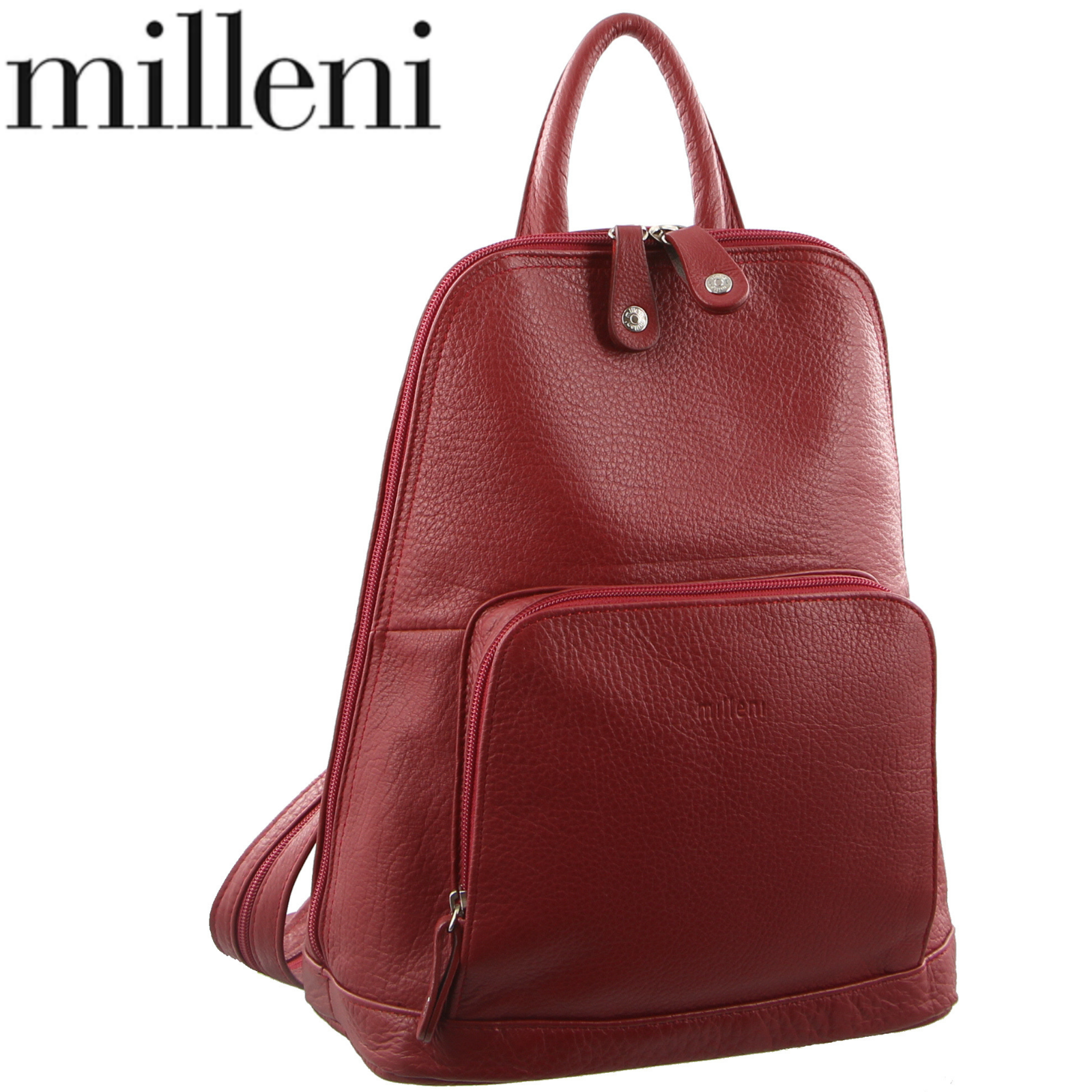 Milleni Womens Twin Zip Backpack Nappa Italian Leather Bag Travel - Red-1