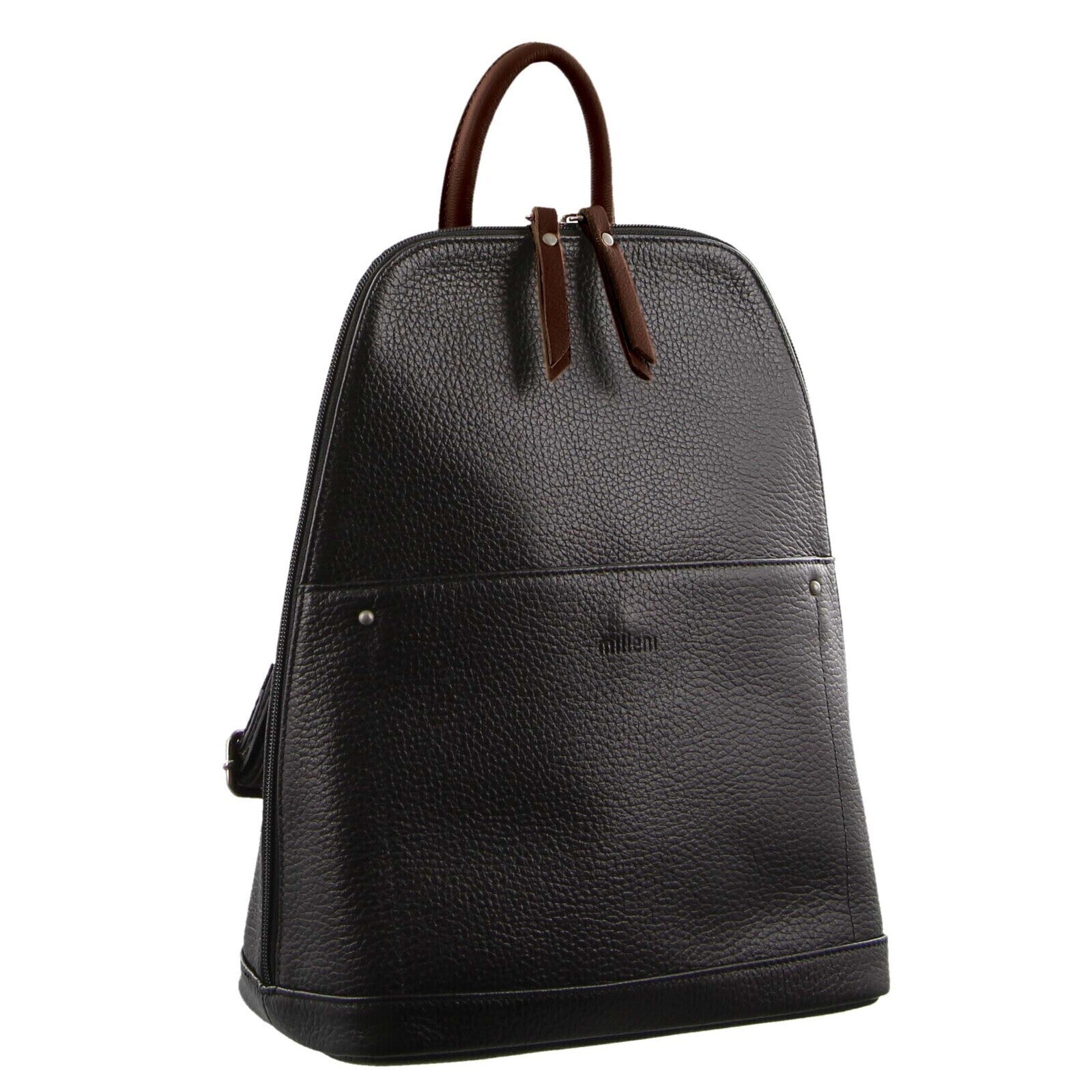 Milleni Ladies Genuine Italian Leather Backpack Bag Twin Zip - Black/Chestnut-1