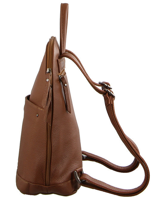 Milleni Ladies Genuine Italian Leather Backpack Bag Twin Zip - Cognac-3