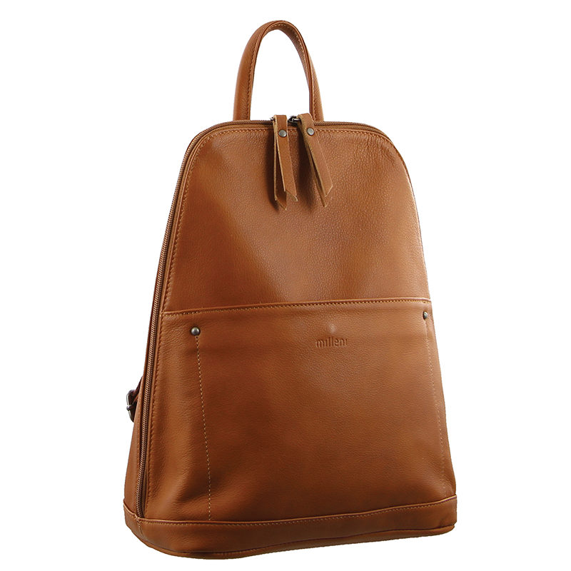 Milleni Ladies Genuine Italian Leather Backpack Bag Twin Zip - Cognac-1
