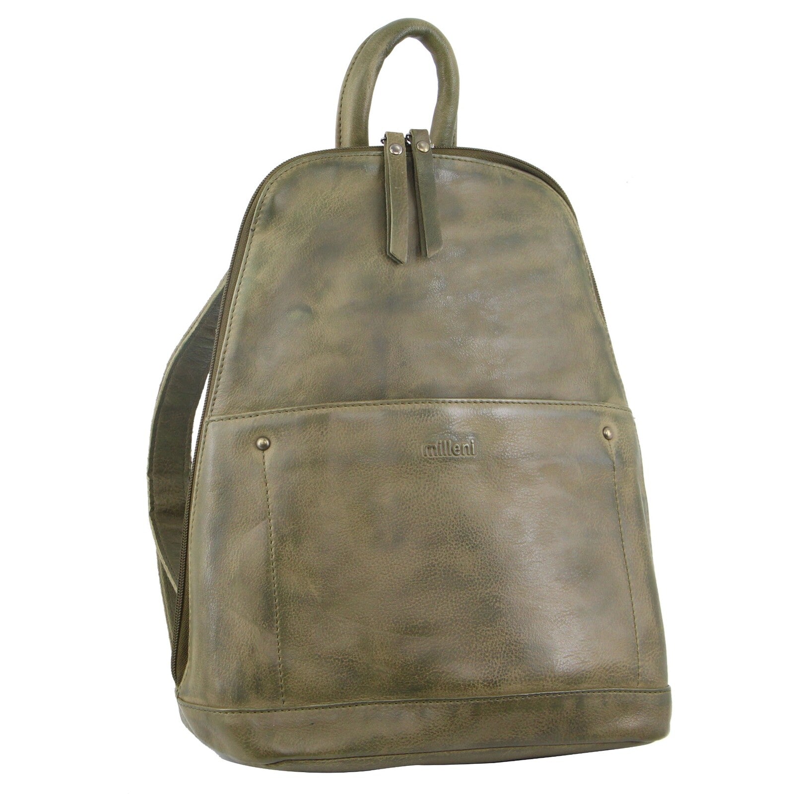 Milleni Ladies Genuine Italian Leather Backpack Bag Twin Zip - Olive-0