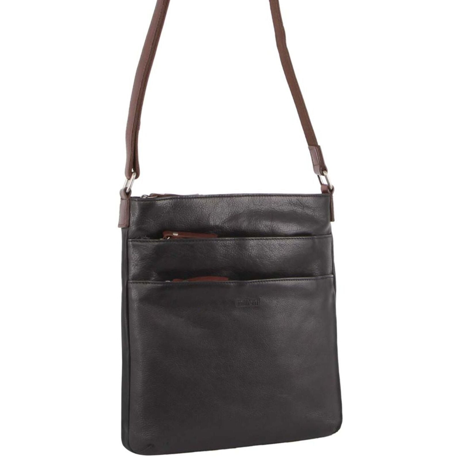 Milleni Womens Italian Leather Bag Soft Nappa Leather Cross-Body Travel - Black/Chestnut-1