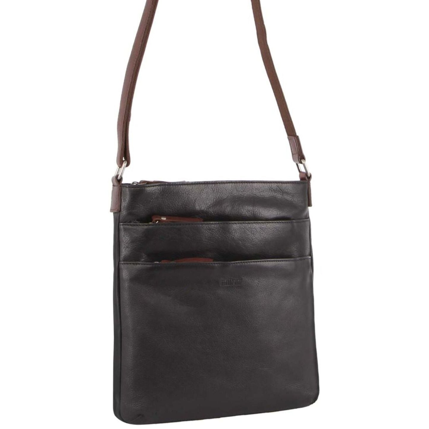 Milleni Womens Italian Leather Bag Soft Nappa Leather Cross-Body Travel - Black/Chestnut-0