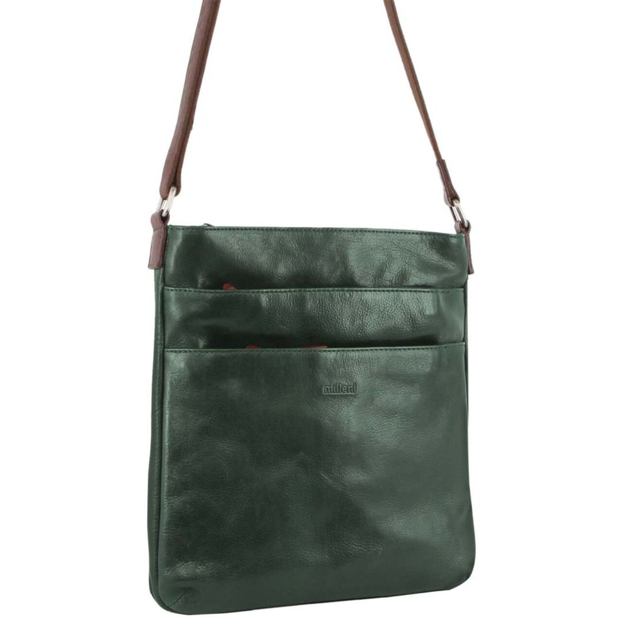 Milleni Ladies Nappa Leather Zip Closure Cross Body Bag Travel - Emerald/Chestnut-1