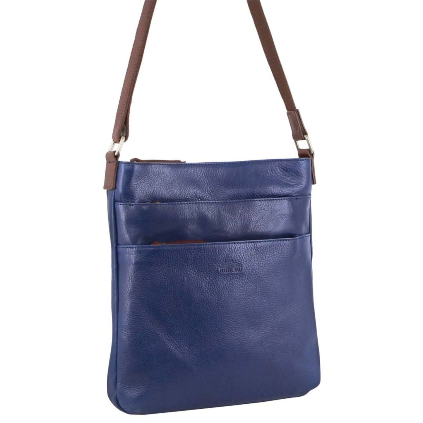 Milleni Womens Italian Leather Bag Soft Nappa Leather Cross-Body Travel - Indigo/Chestnut