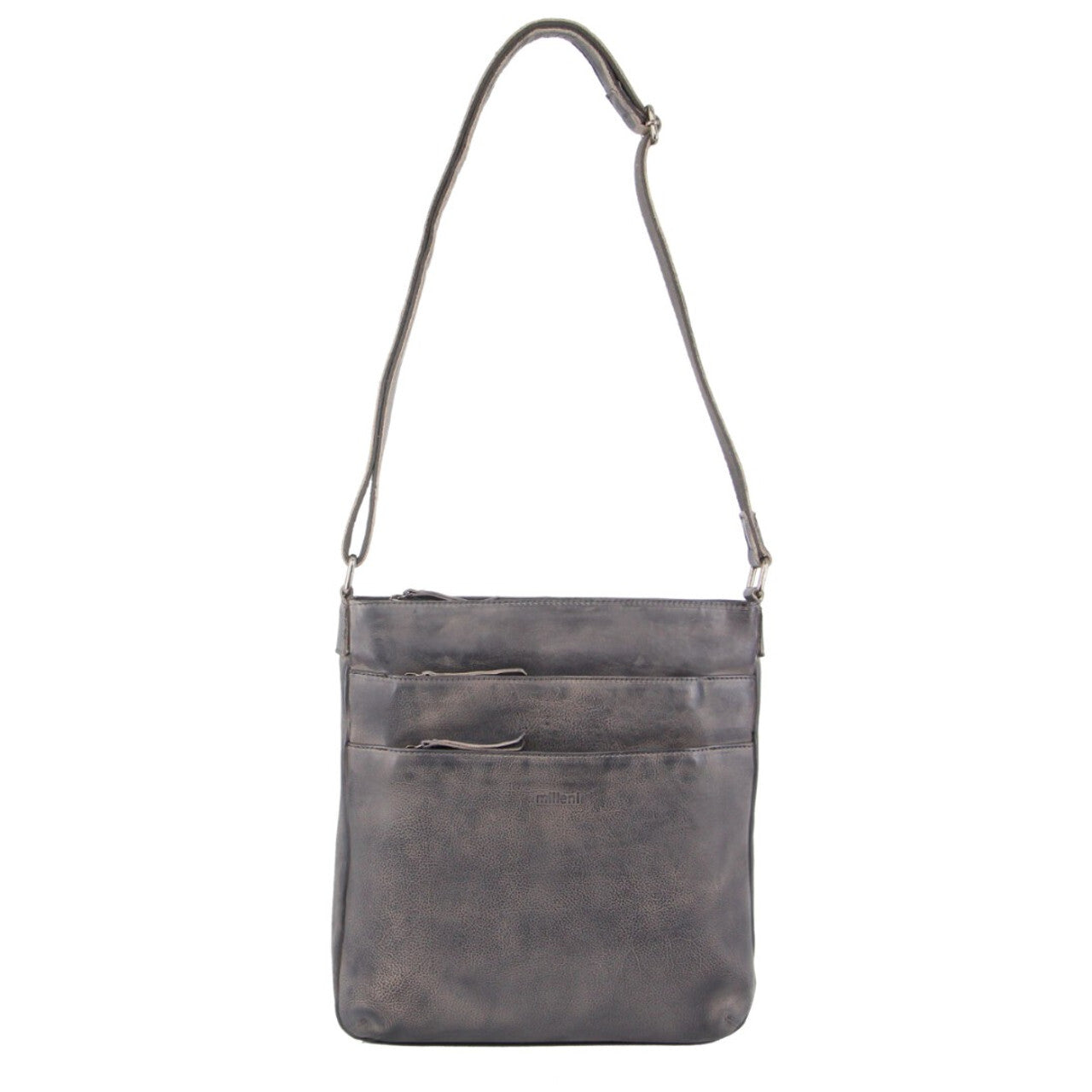 Milleni Ladies Nappa Leather Zip Closure Cross Body Bag Travel - Slate-2
