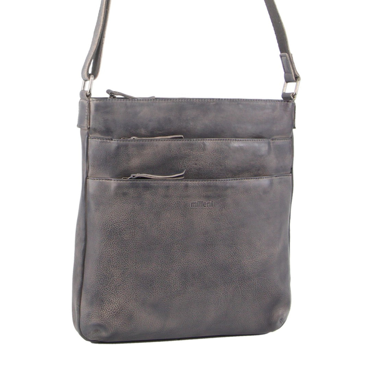Milleni Ladies Nappa Leather Zip Closure Cross Body Bag Travel - Slate-0