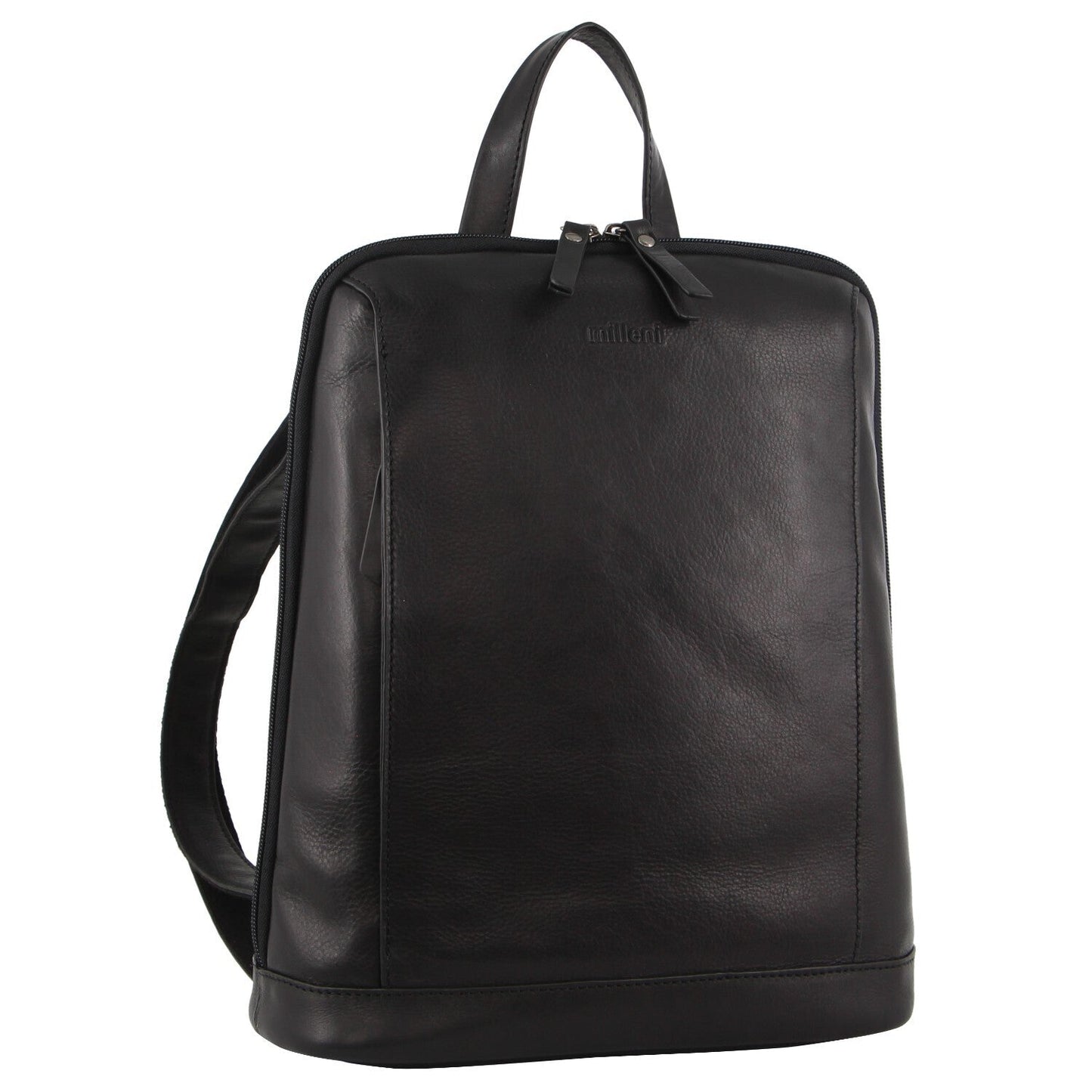 Milleni Ladies Nappa Leather Bag Twin Zip Backpack w/ Zipped Pocket - Black-0