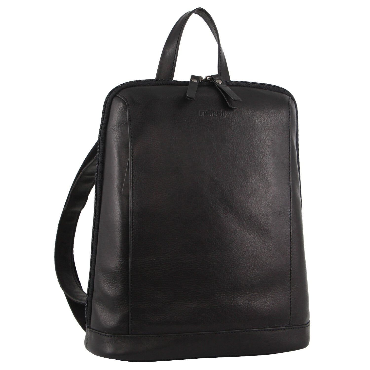 Milleni Ladies Nappa Leather Bag Twin Zip Backpack w/ Zipped Pocket - Black-1