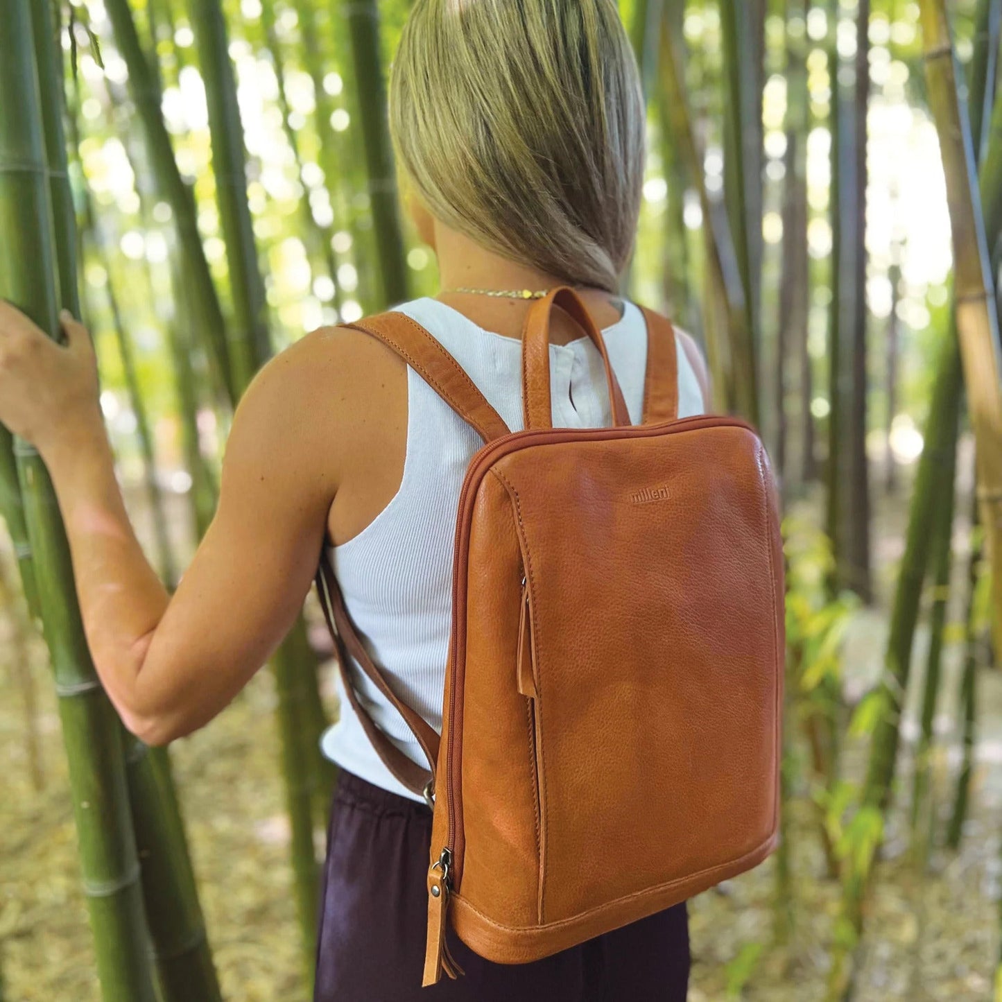Milleni Ladies Backpack Shoulder Bag Nappa Leather Womens Rucksack - Cognac-2