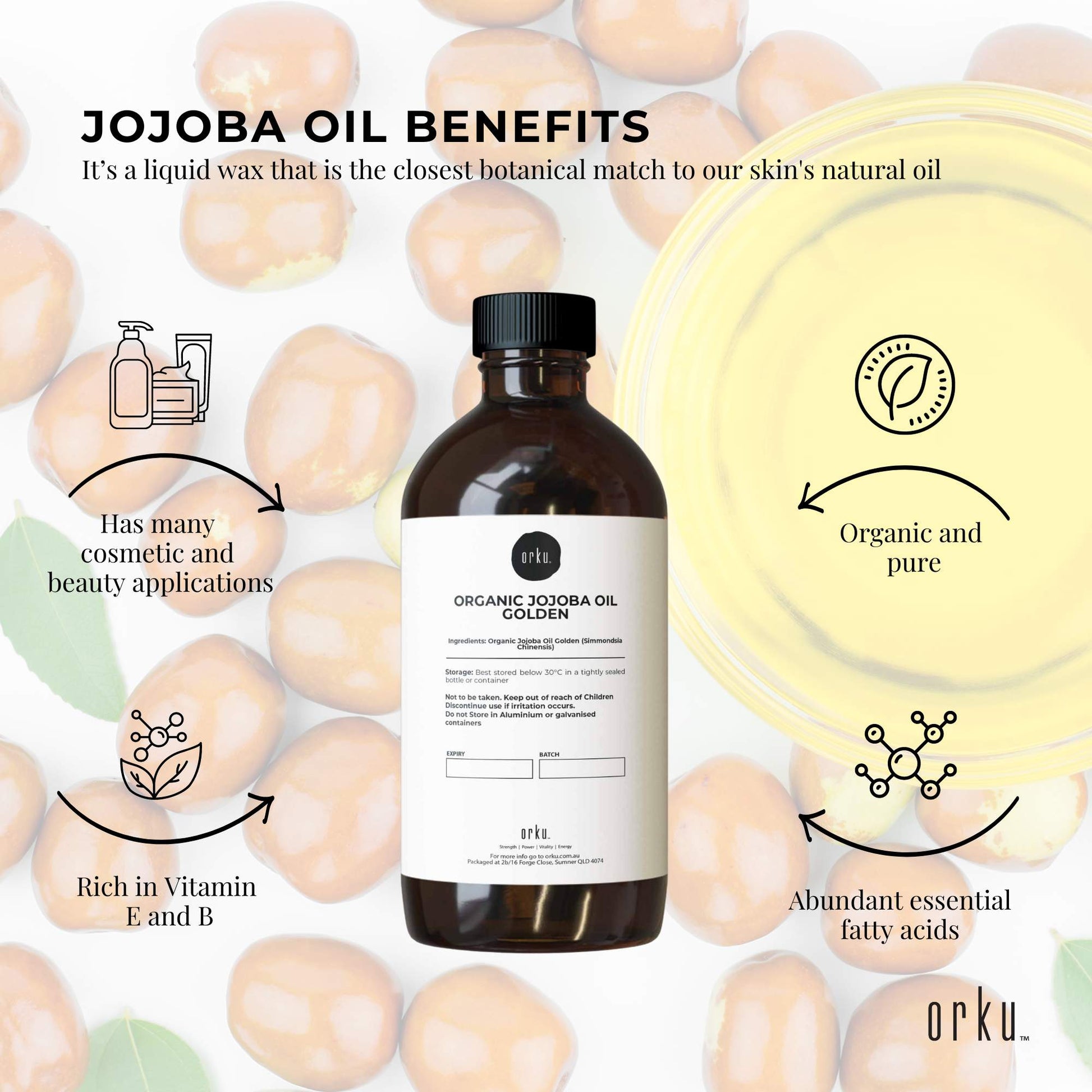 Organic Jojoba Oil - Golden Pure Cold Pressed Seed For Hair Skin Nails-3
