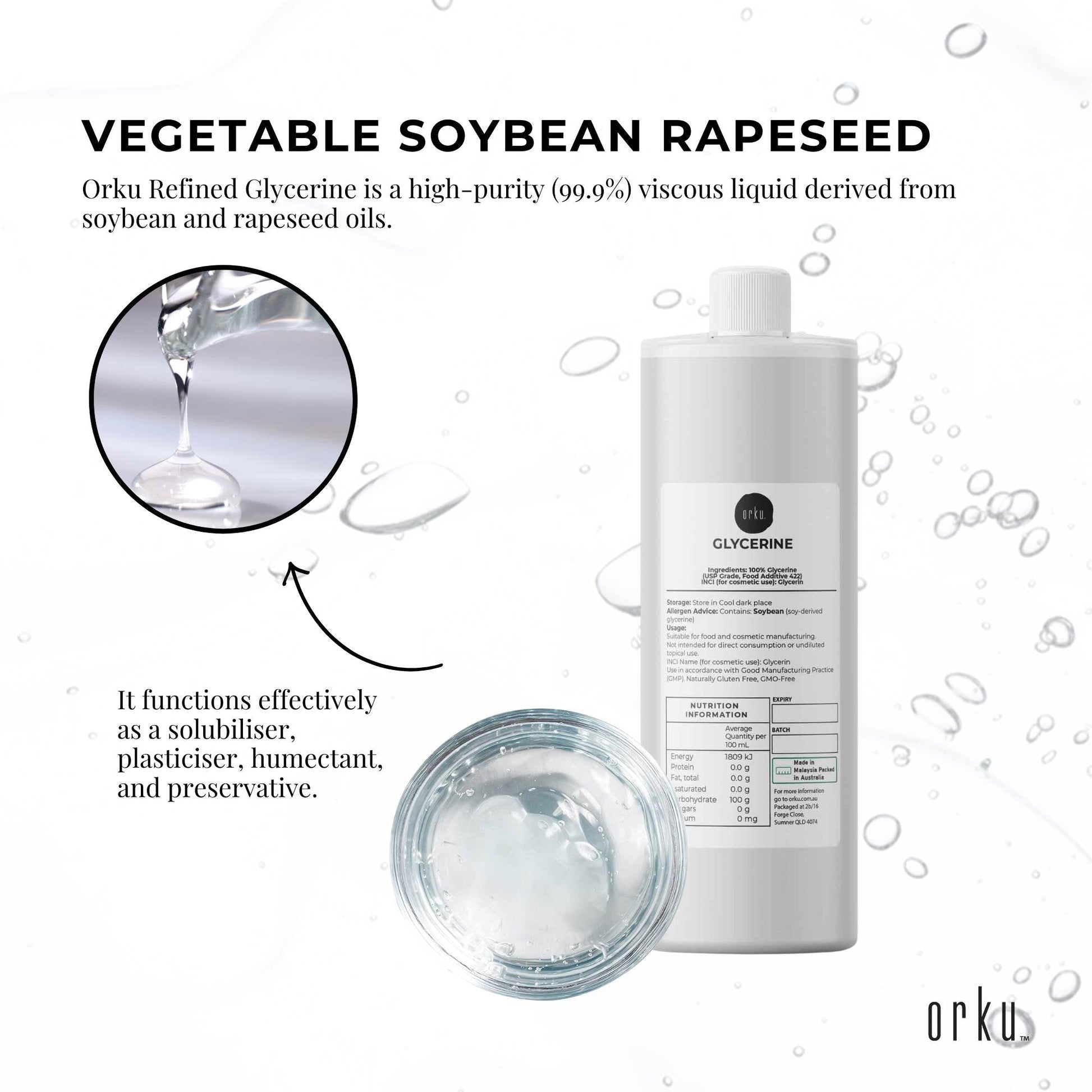 Orku 1L Glycerine 99.9% Pure USP Food + Cosmetic Grade – Vegetable Glycerol-3