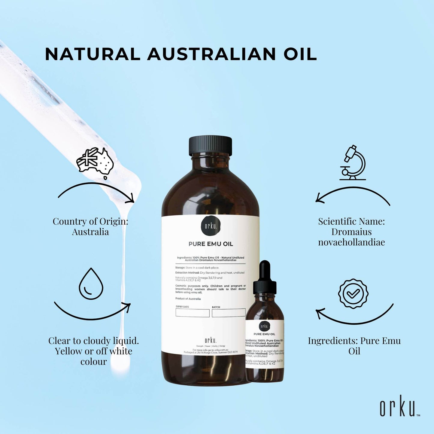 Orku 1L Pure Emu Oil + Bonus 25ml Bottle - Australian Dromaius Novaehollandiae-3