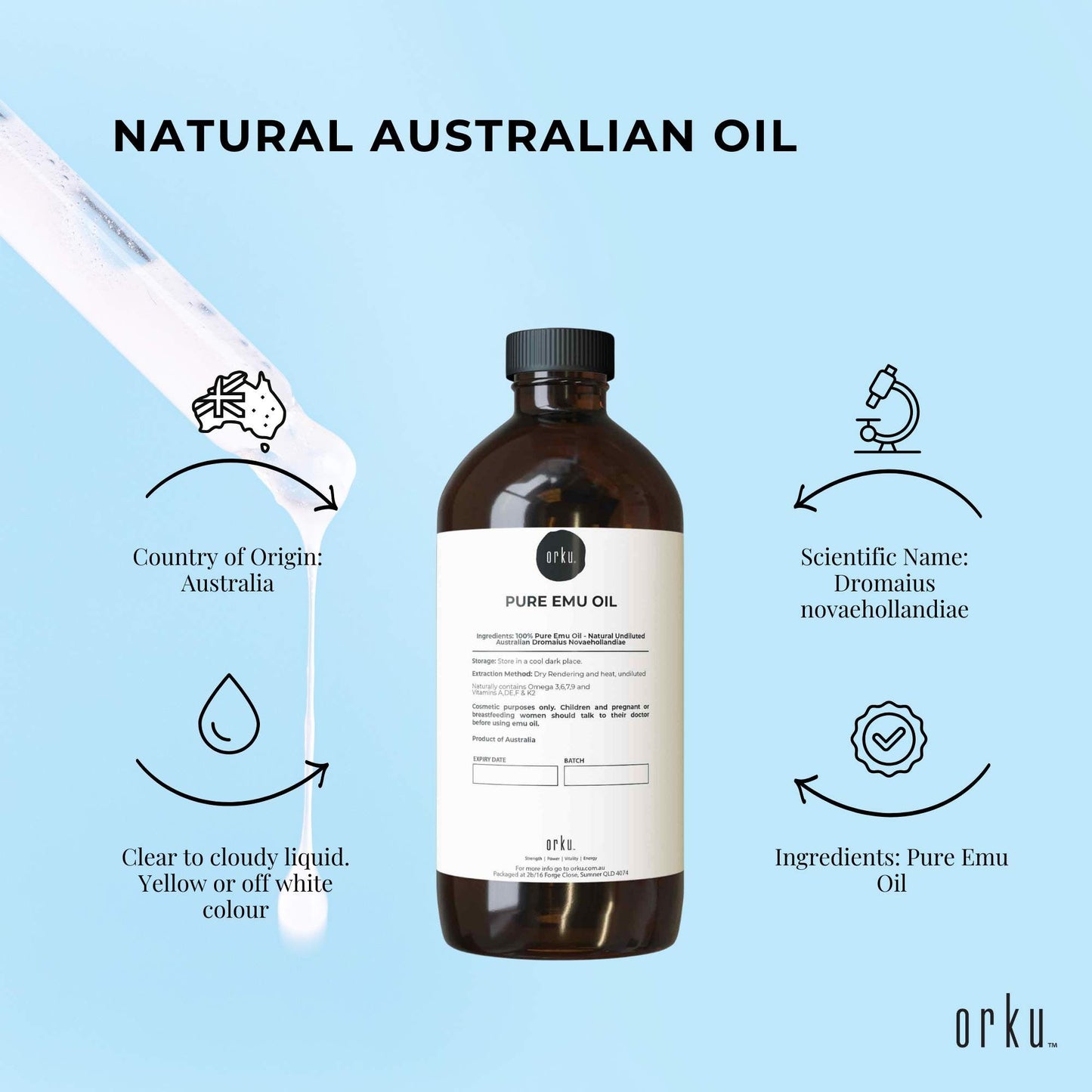 Orku 1L Pure Emu Oil - Natural Undiluted Australian Dromaius Novaehollandiae-4