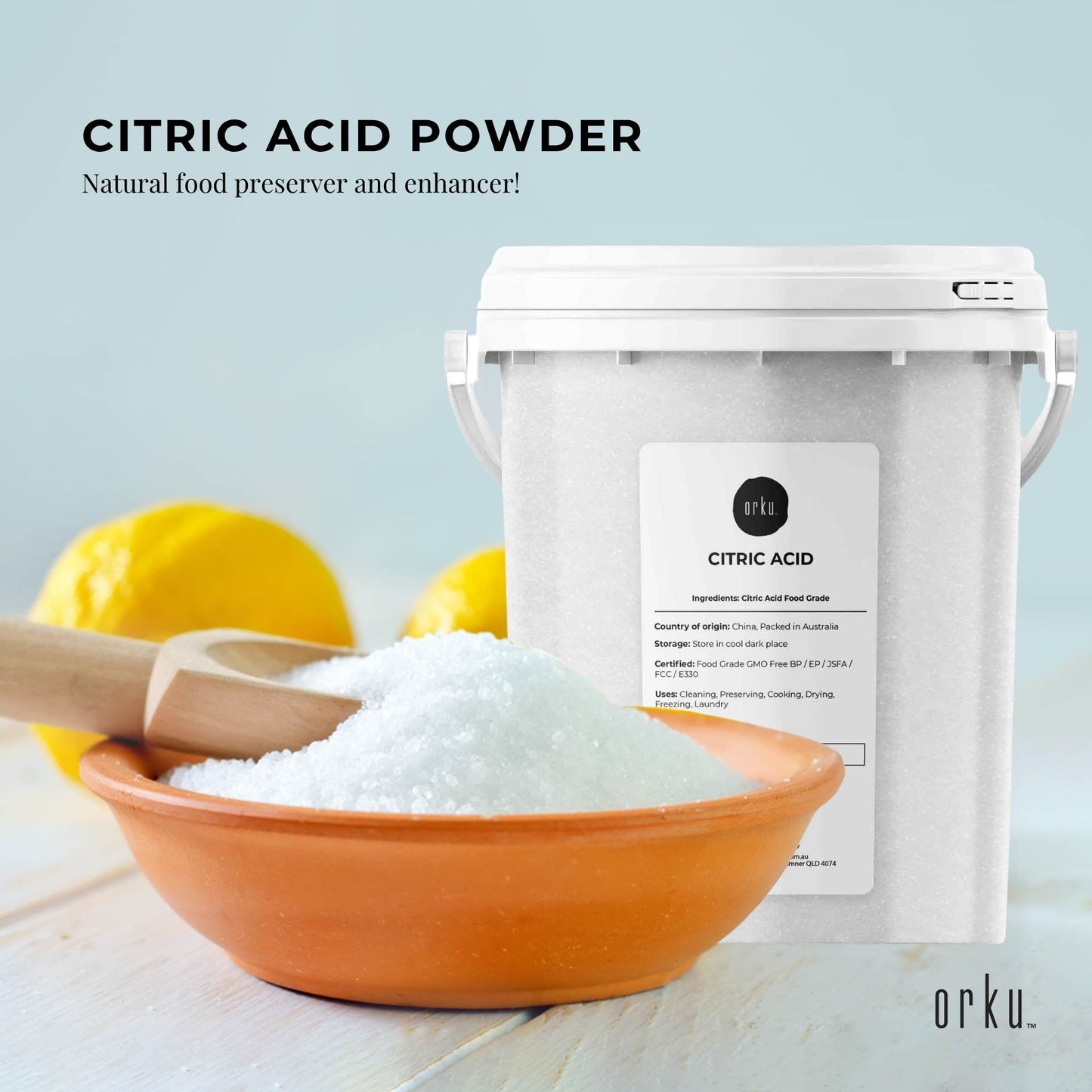 Orku 1.3Kg Citric Acid Powder Tub - Food Grade Non GMO Anhydrous Preservative E330-1