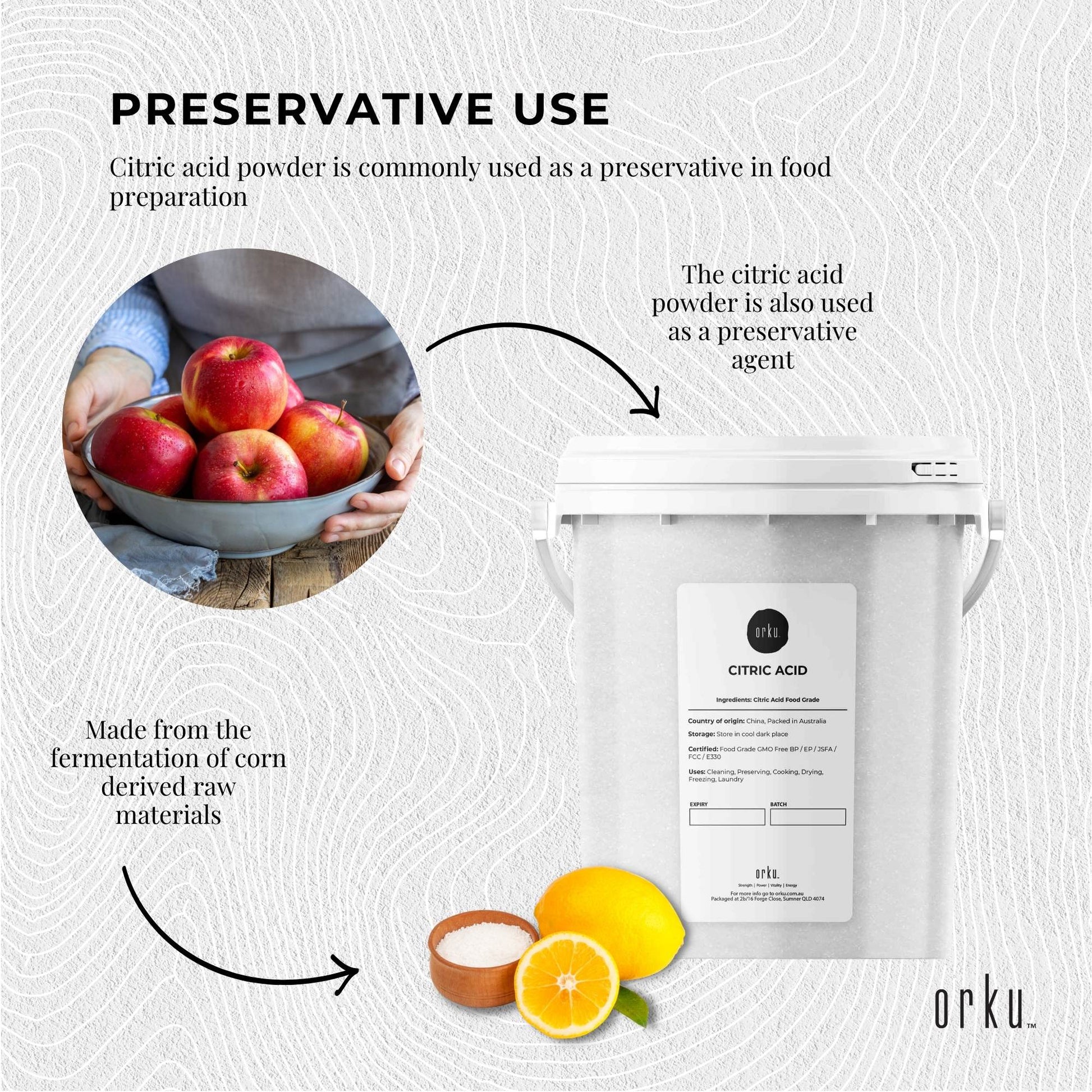 Orku 1.3Kg Citric Acid Powder Tub - Food Grade Non GMO Anhydrous Preservative E330-3