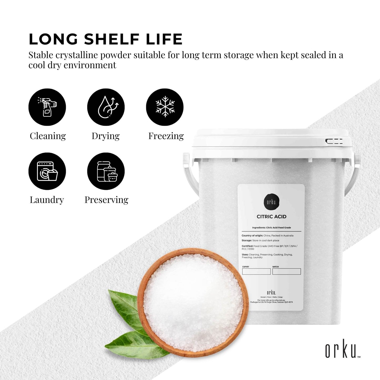 Orku 1.3Kg Citric Acid Powder Tub - Food Grade Non GMO Anhydrous Preservative E330-4