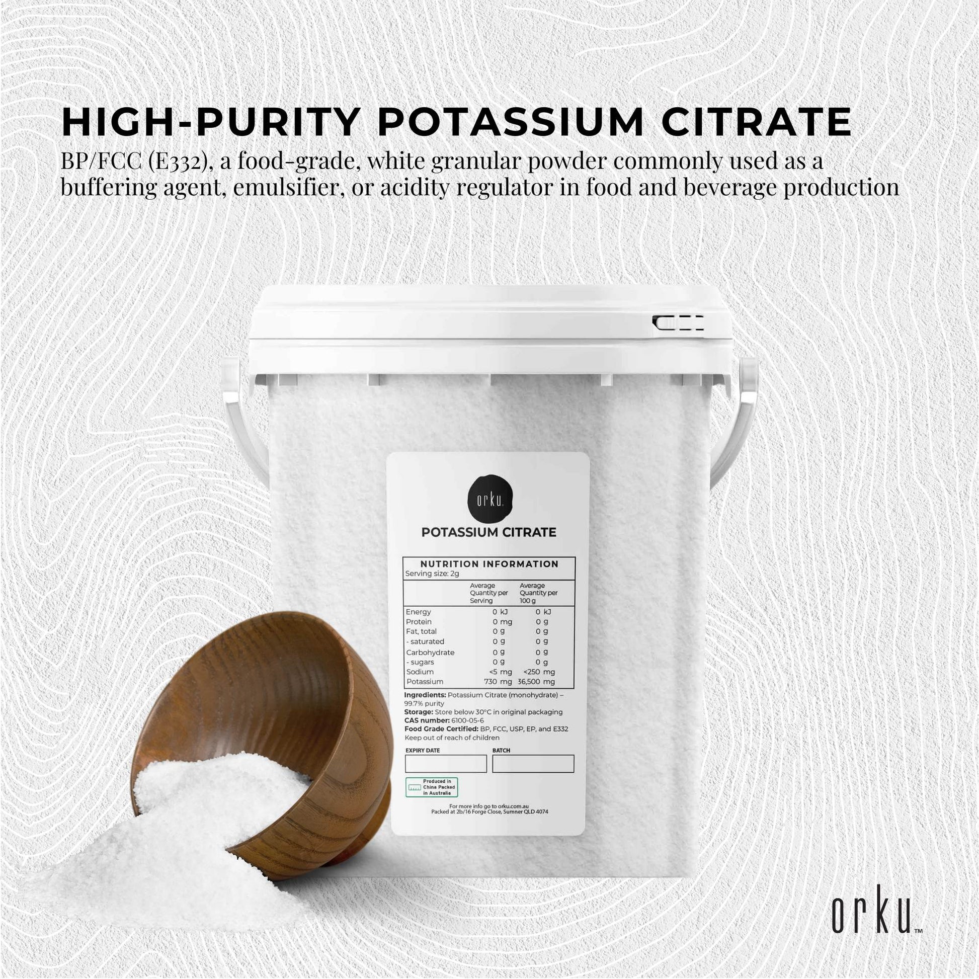 Orku 1.3Kg Potassium Citrate Food Grade Tub - Granular BP USP FCC E332 Additive-2