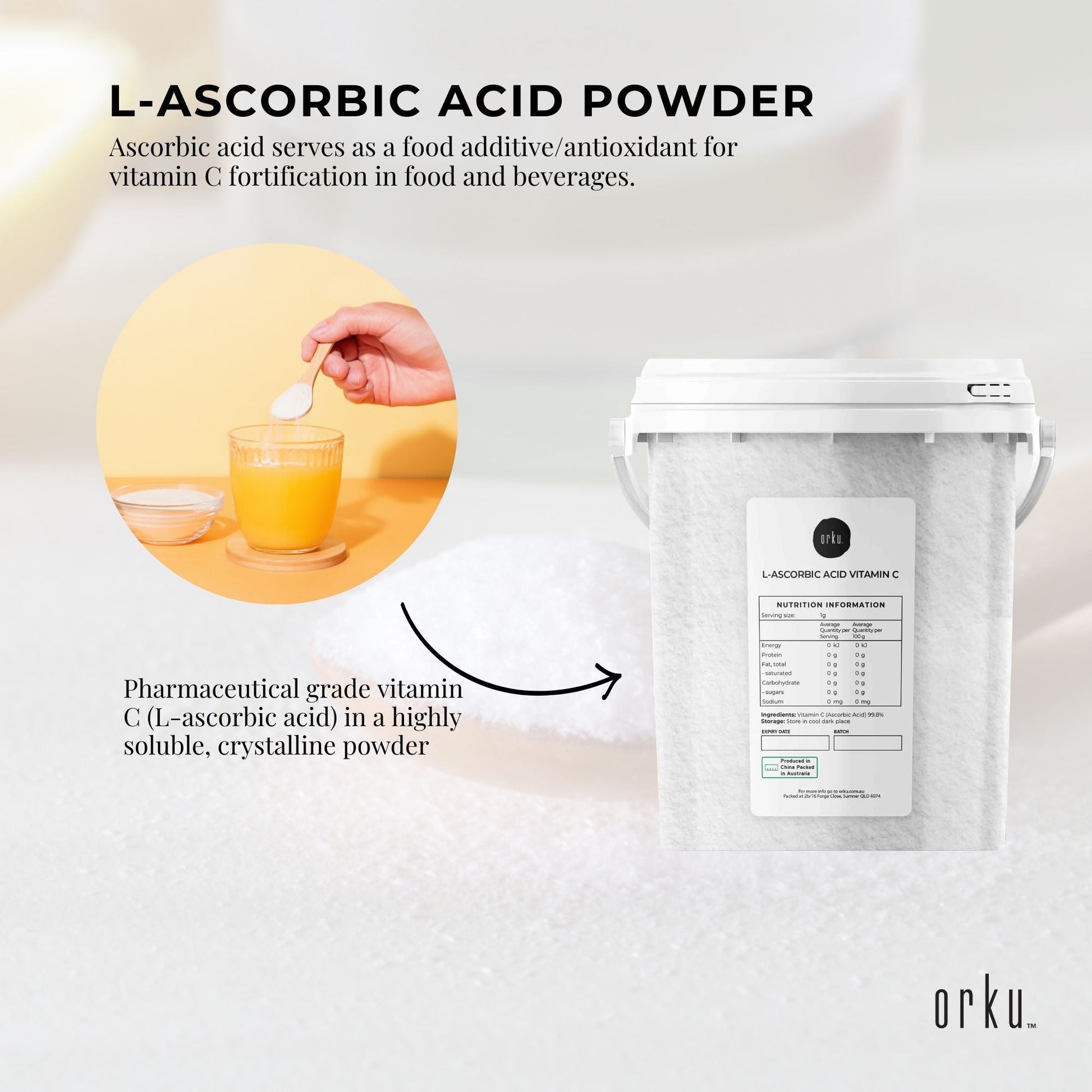 Orku 1.3Kg Vitamin C Powder in Tub Pure L-Ascorbic Acid - USP Grade Non-GMO-3
