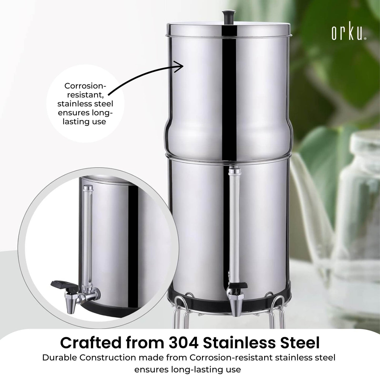 Orku 23L Gravity Benchtop Water Filter System with Gauge - Stainless Steel-2