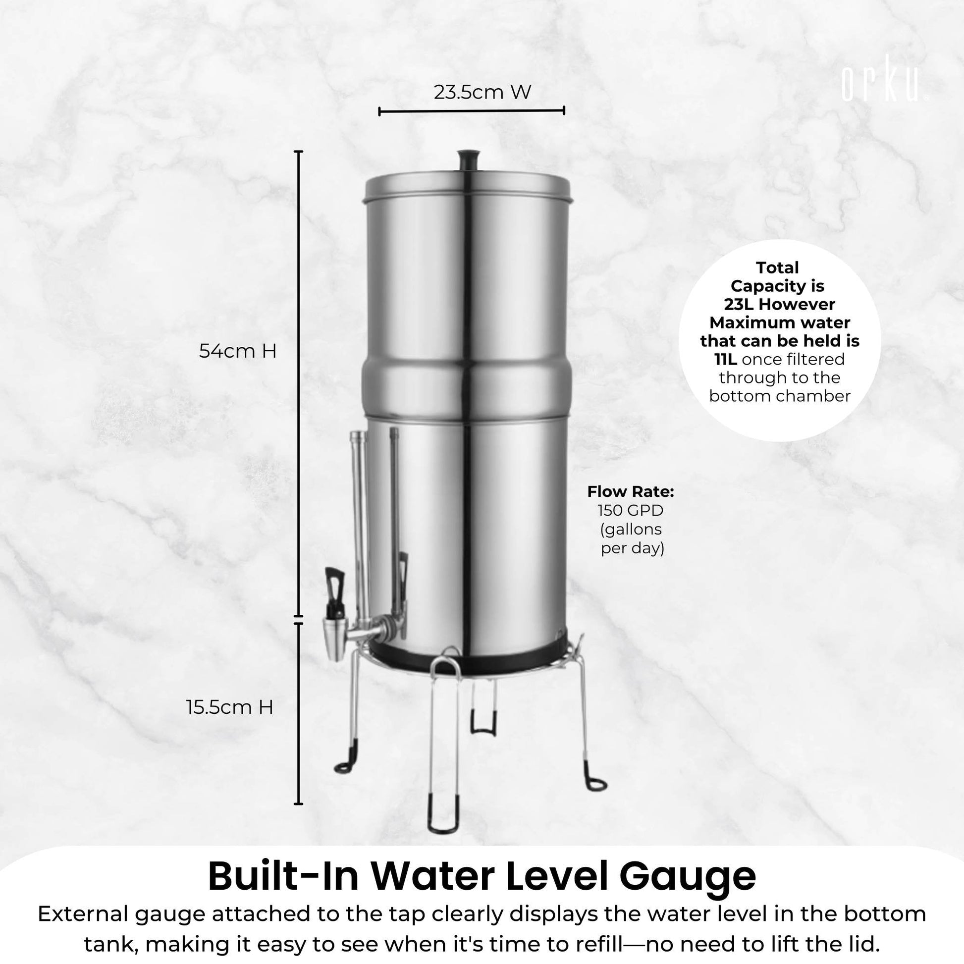 Orku 23L Gravity Benchtop Water Filter System with Gauge - Stainless Steel-3