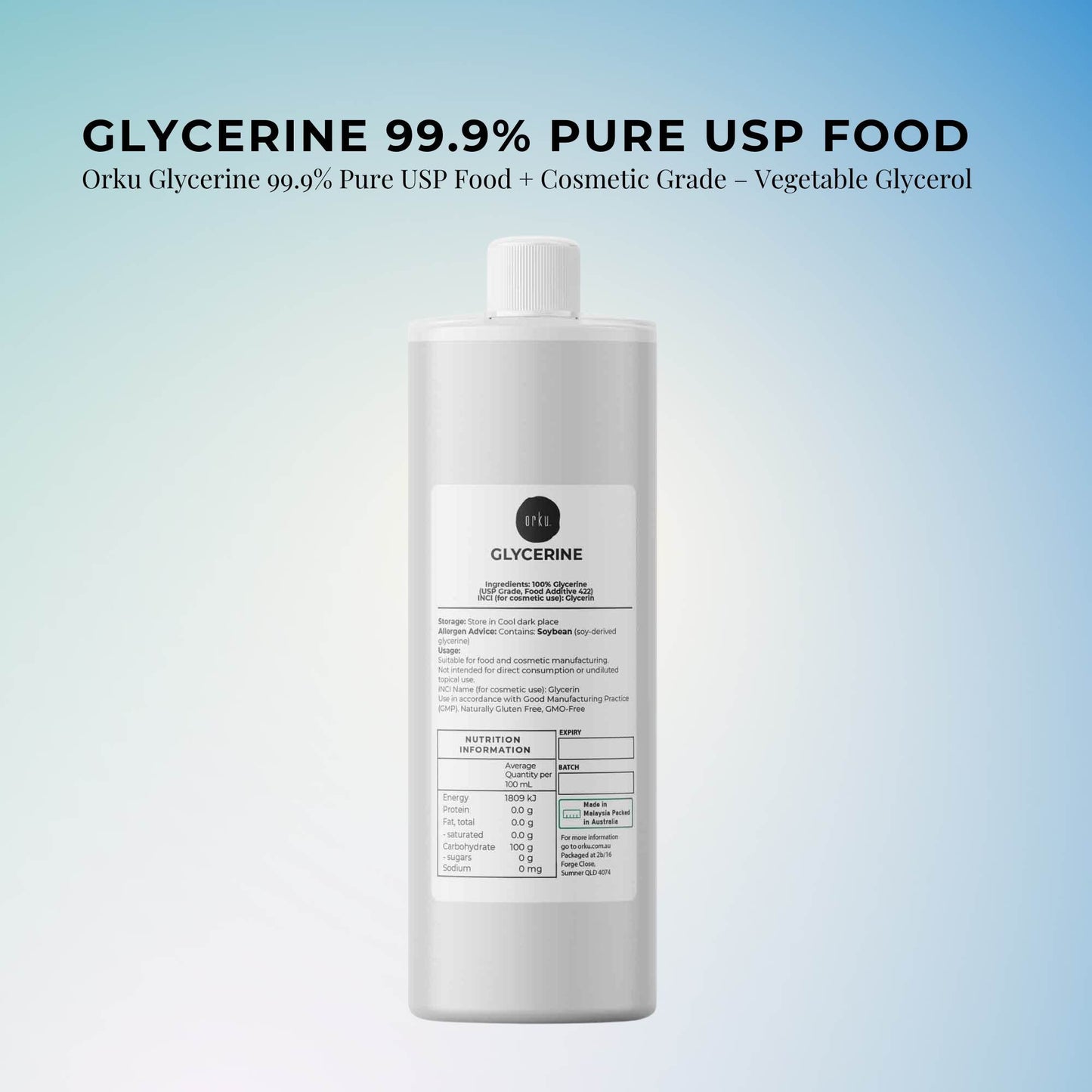 Orku 250ml Glycerine 99.9% Pure USP Food + Cosmetic Grade – Vegetable Glycerol-1