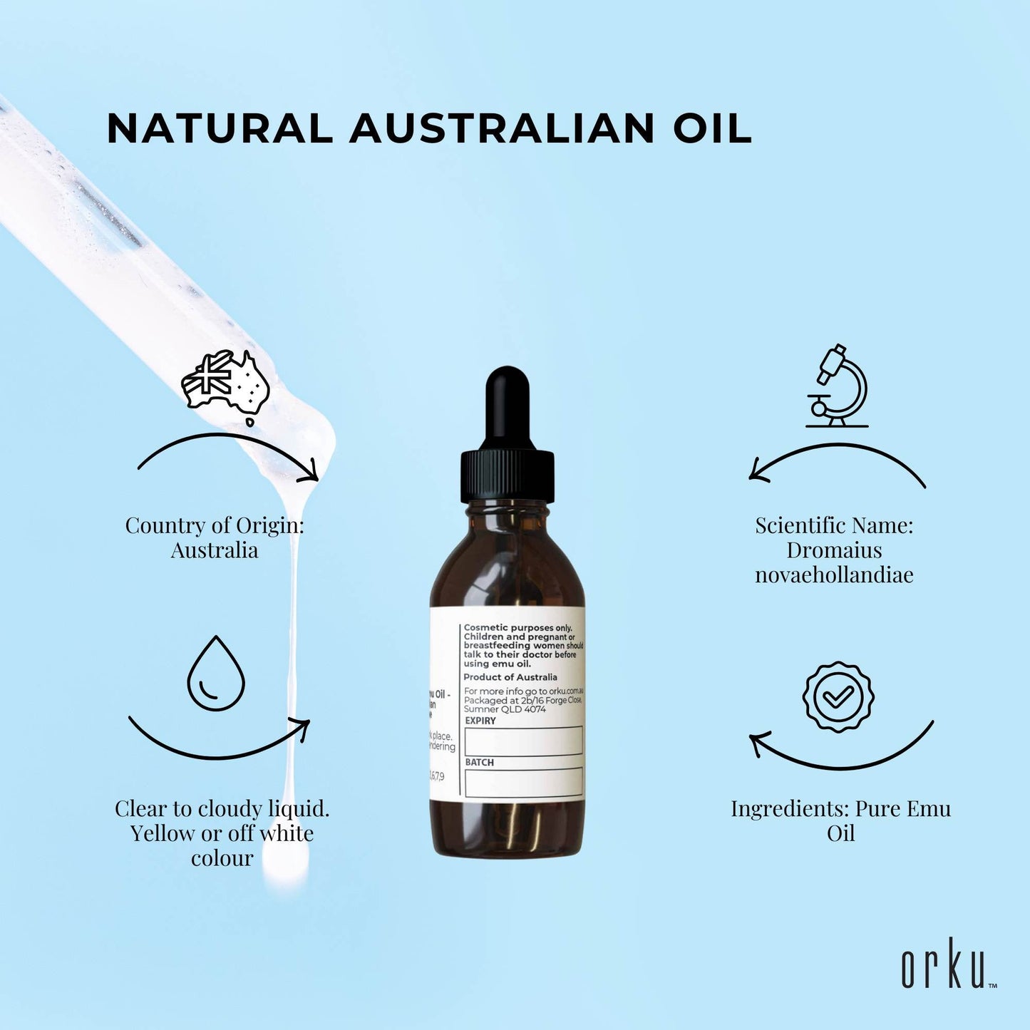 Orku 25ml Pure Emu Oil with Dropper - Undiluted Natural Dromaius Novaehollandiae-4